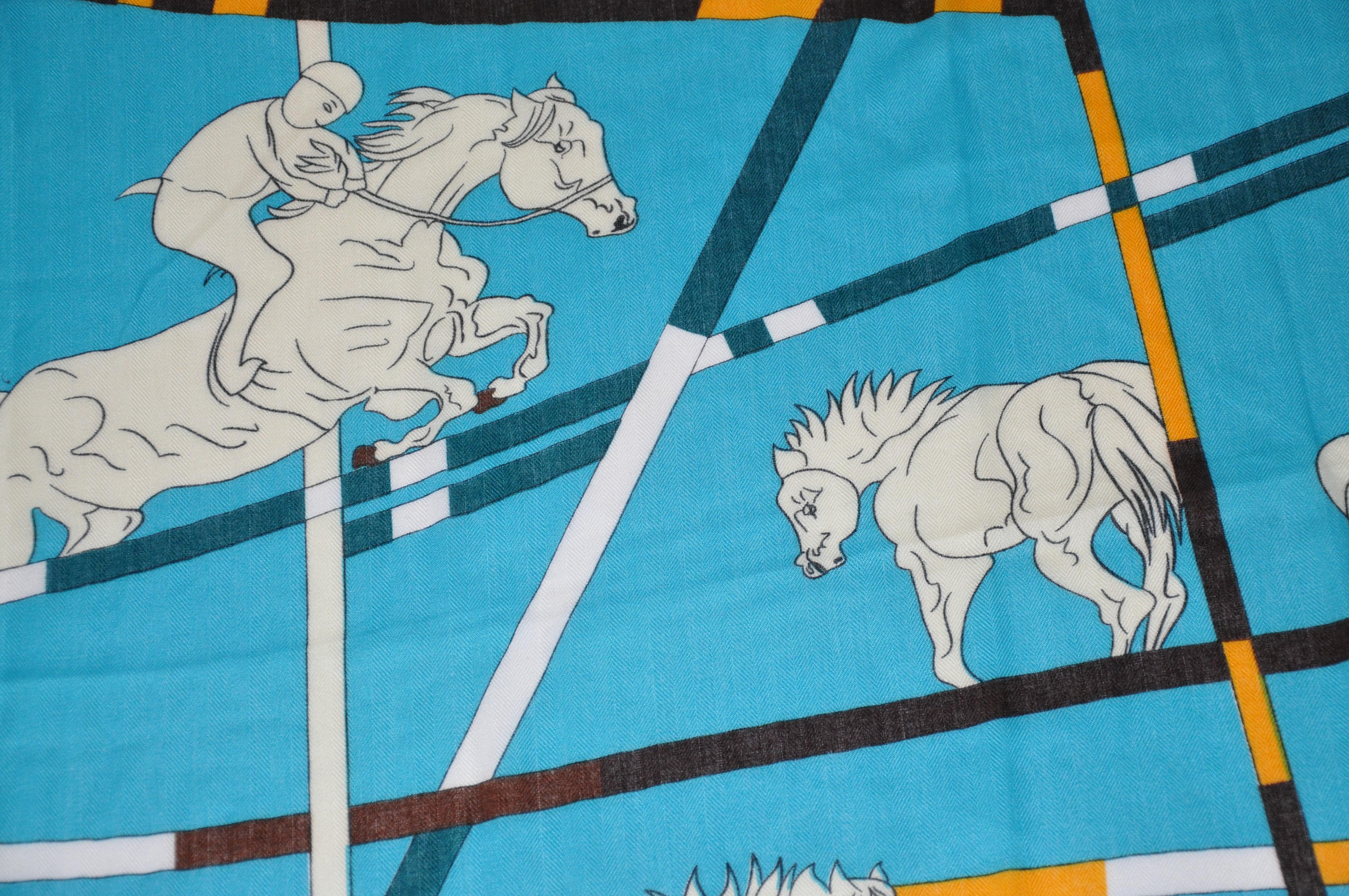 Magnifique châle en laine mélangée Turquoise et Coco Brown « Showcase of Horses » en vente 3