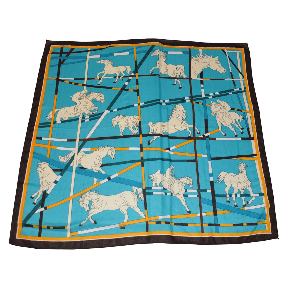 Magnificent Turquoise & Coco Brown "Showcase of Horses" Wool Blend Challis Shawl