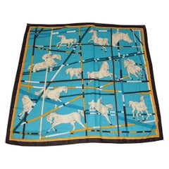 Vintage Magnificent Turquoise & Coco Brown "Showcase of Horses" Wool Blend Challis Shawl