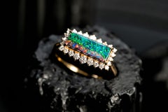 Magnificent Two Colors Boulder Opal Halo Diamond Engagement Ring 18K Gold