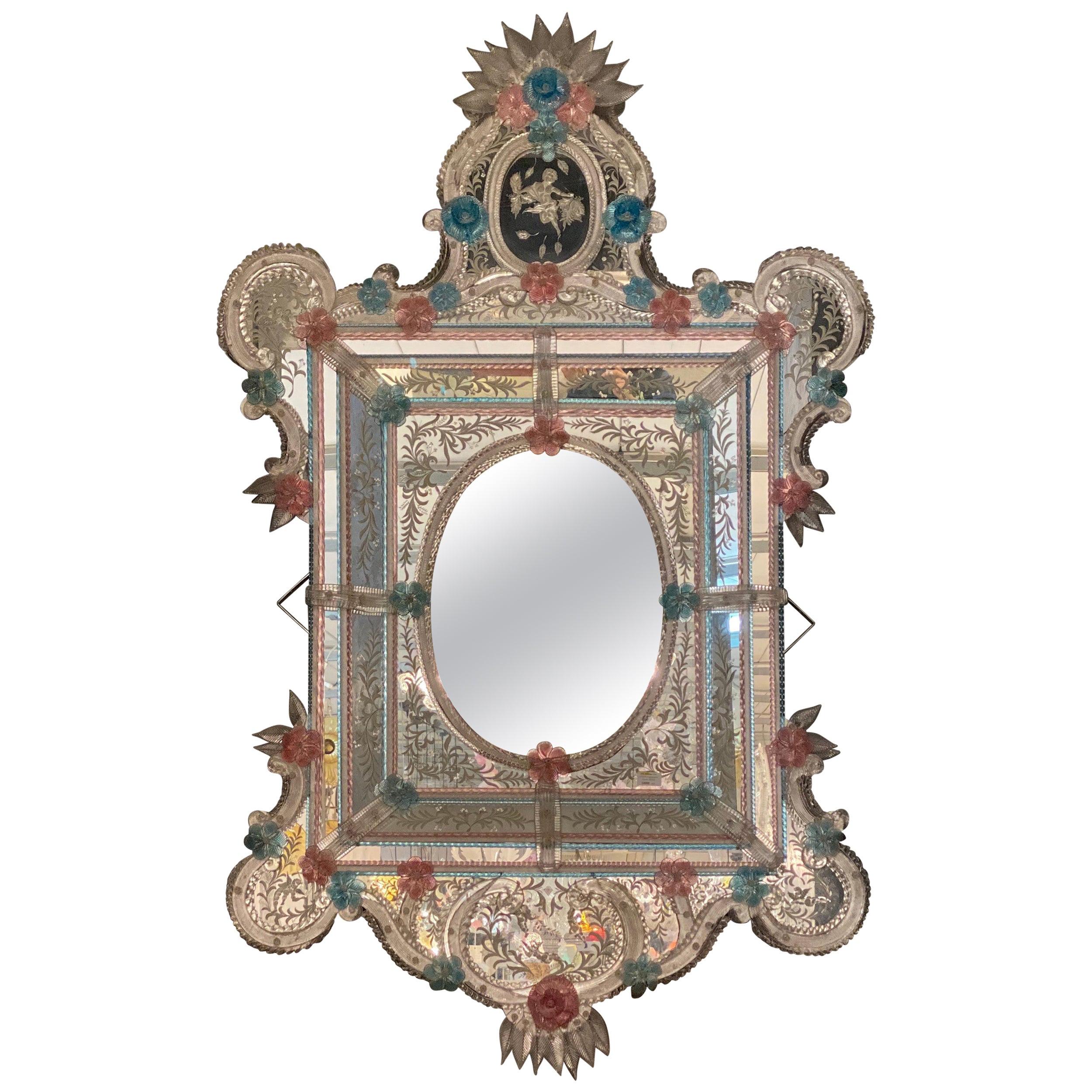 Magnifique miroir vénitien en verre de Murano en vente