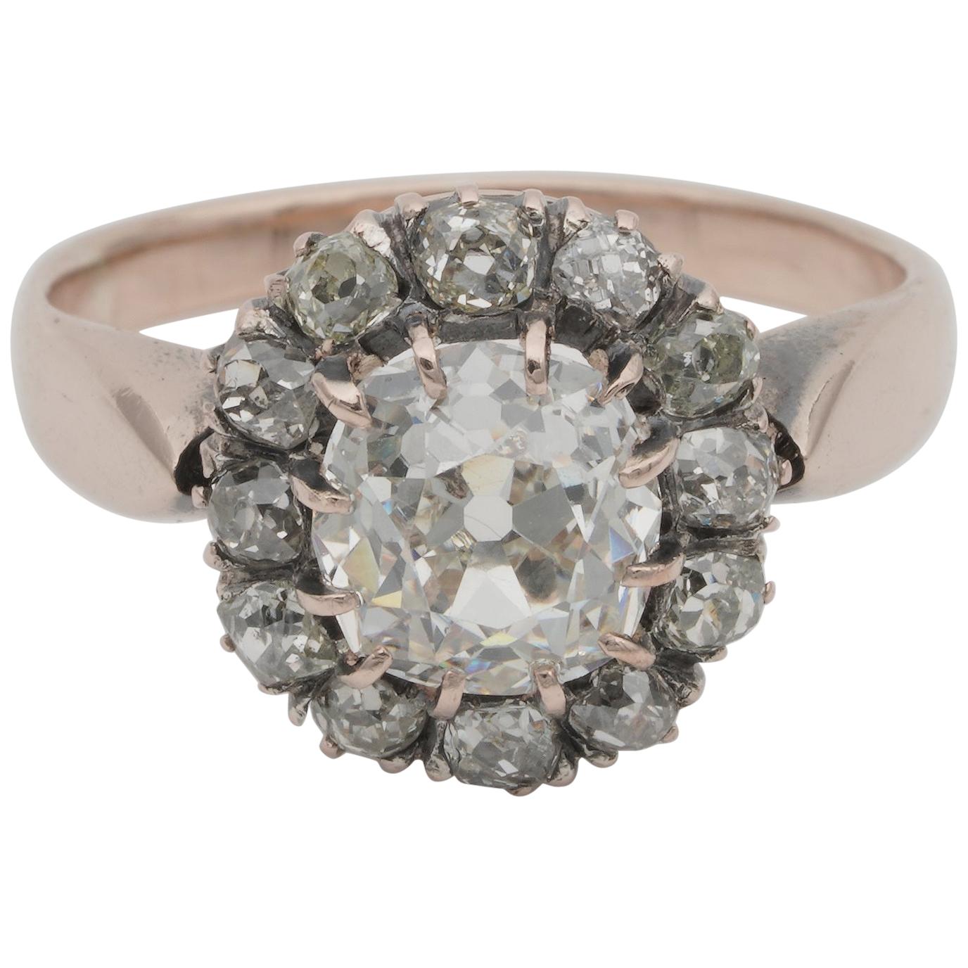 Magnificent Victorian 1.75 Carat Diamond J VVS Plus .85 Carat Rare Cluster Ring For Sale