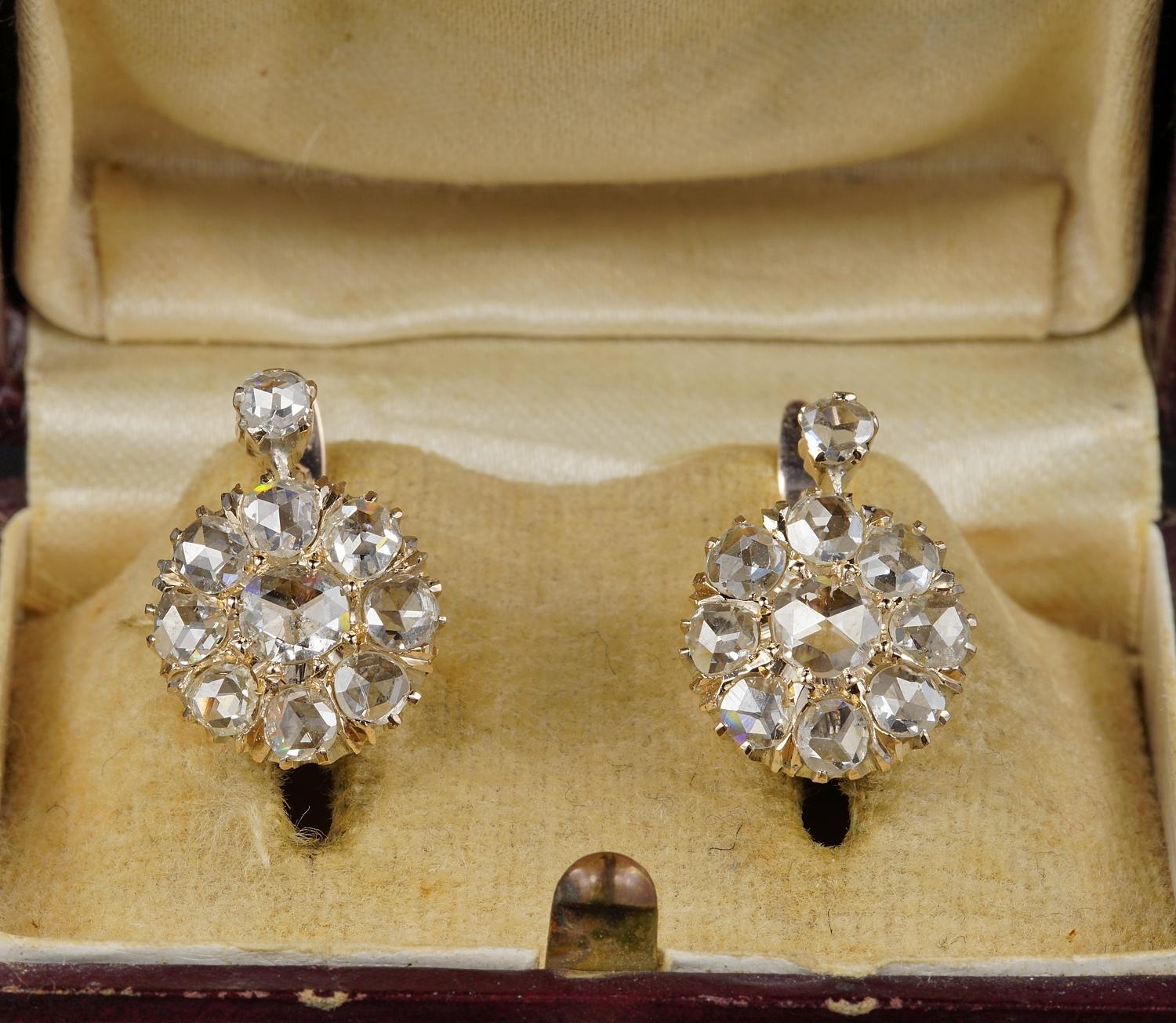 Adorable, charming, tasteful, the perfect pair of authentic Victorian Rose cut Diamonds of relevant Diamond content cluster earrings.
Perfect to wear night day time.
Exceptional quality in either crafting than Diamonds quality.
They have all what
