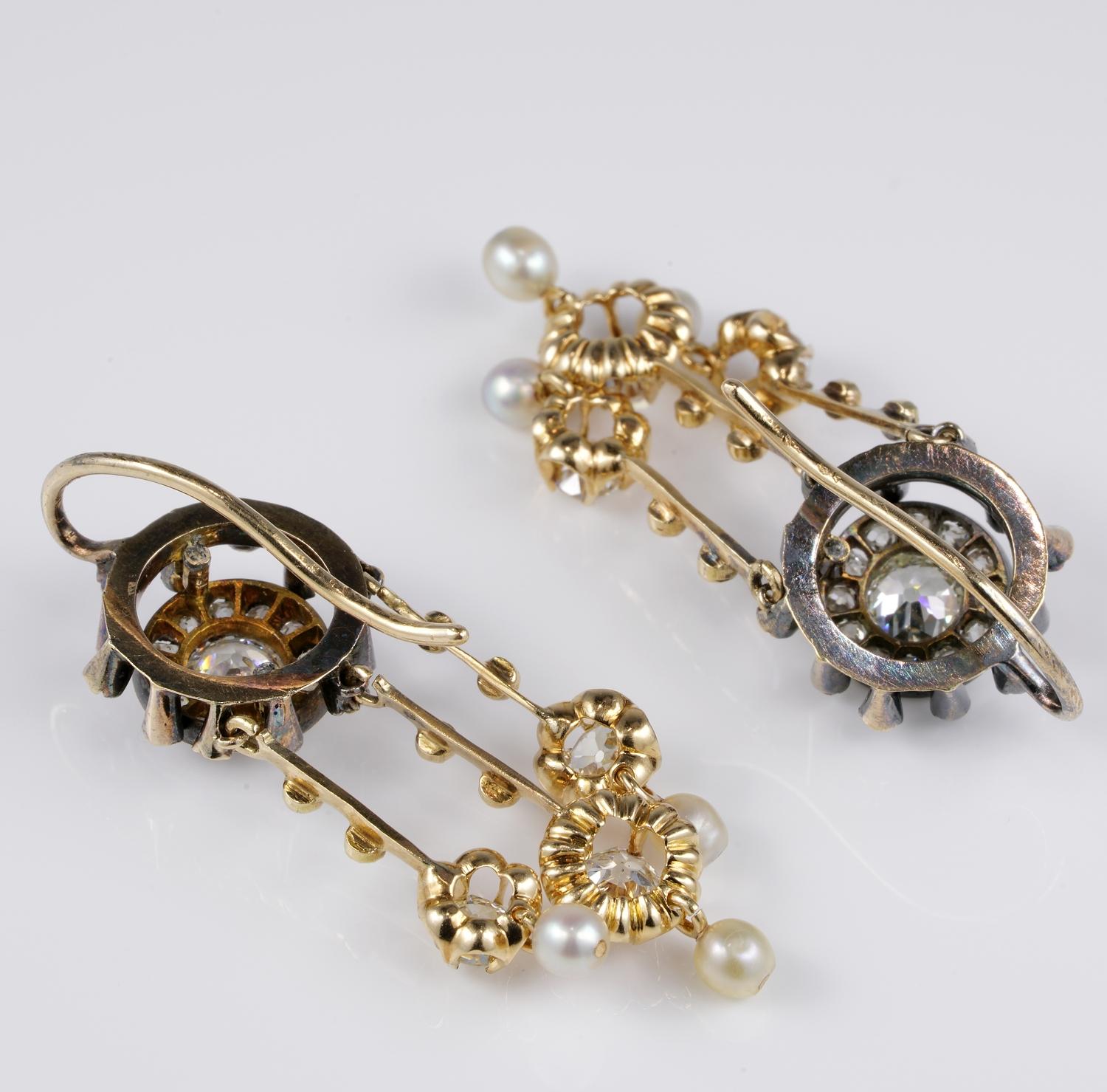 Women's Magnificent Victorian 4.30 Ct Old Mine cut Diamonds Natural Pearls Rare earrings For Sale