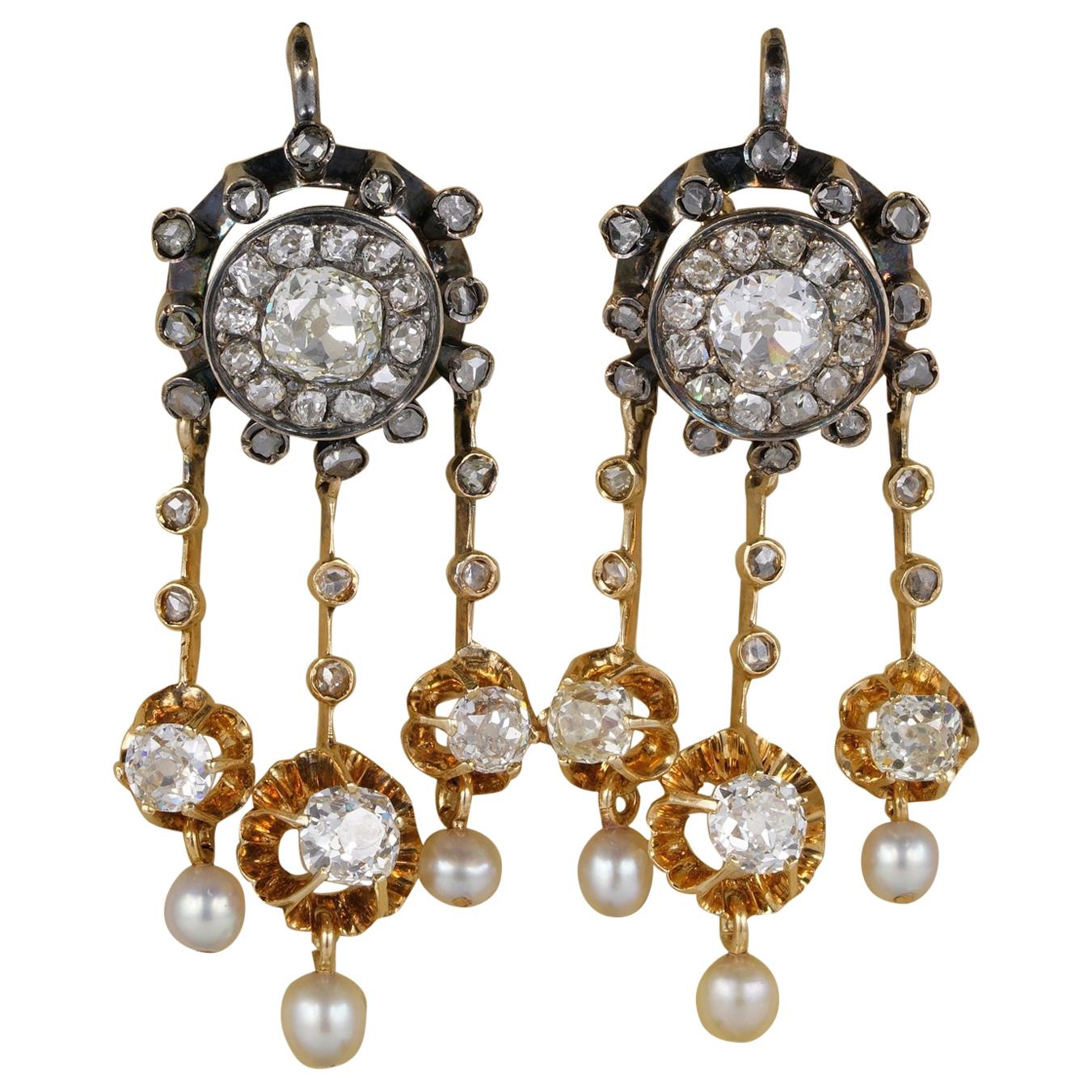 Magnificent Victorian 4.30 Ct Old Mine cut Diamonds Natural Pearls Rare earrings For Sale