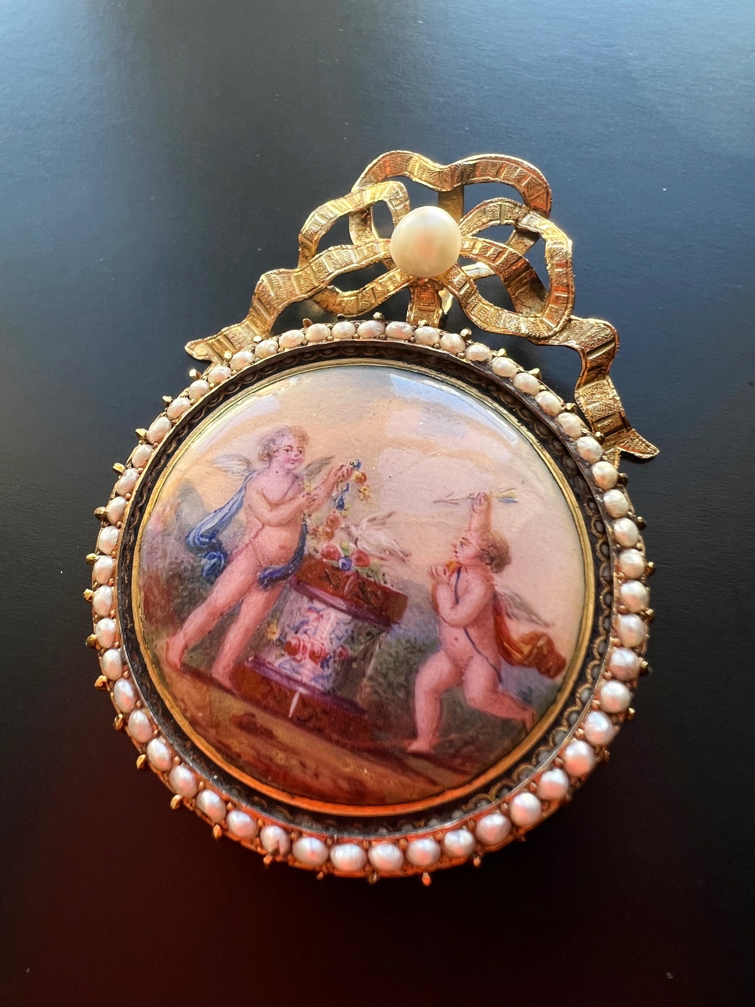 Early Victorian Magnificent Victorian Era 14K Gold Enameled Cupid Bow Pendant with Pearl For Sale