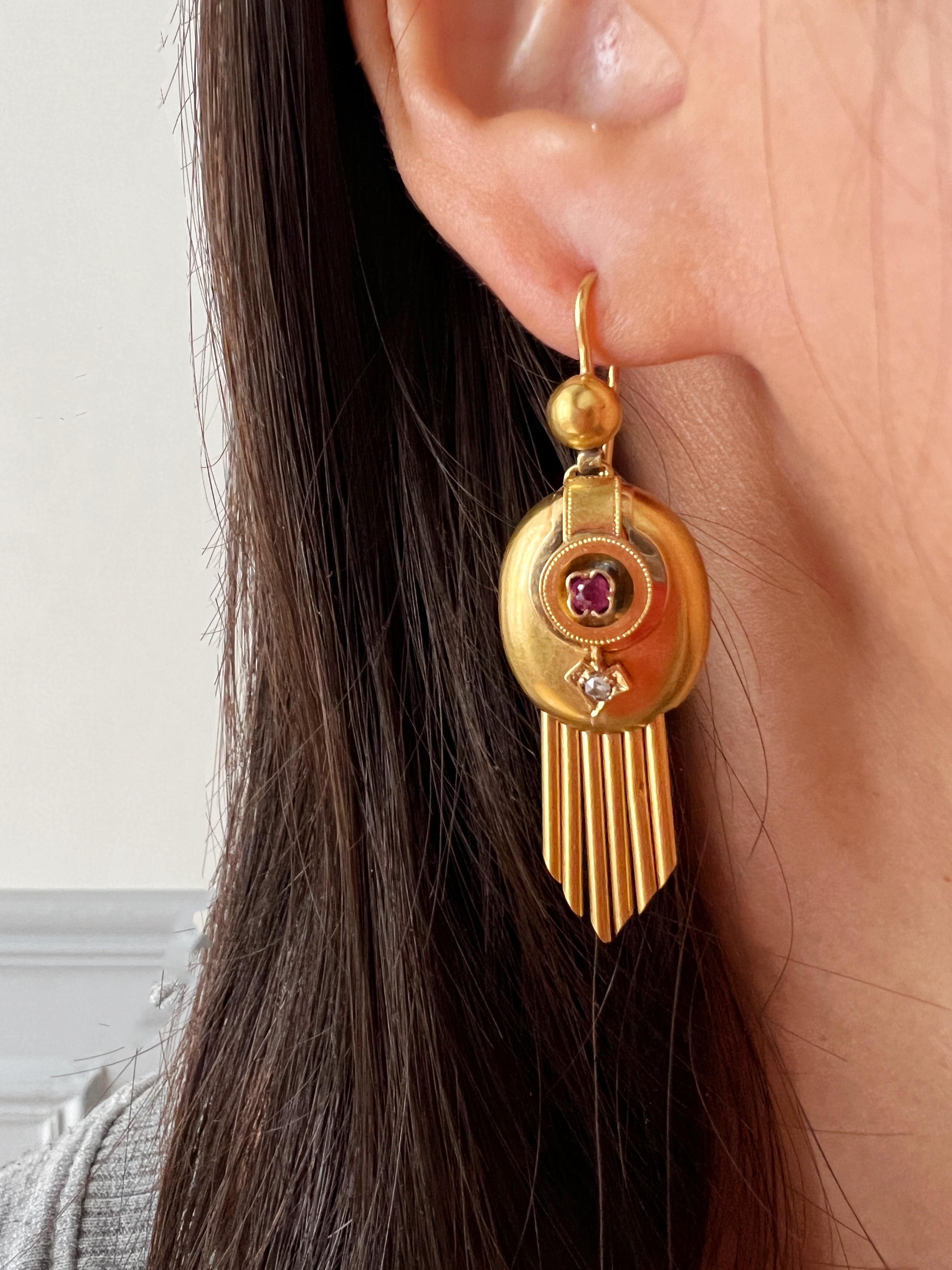 Women's Magnificent Victorian era 18K gold diamond ruby arrow fringe earrings