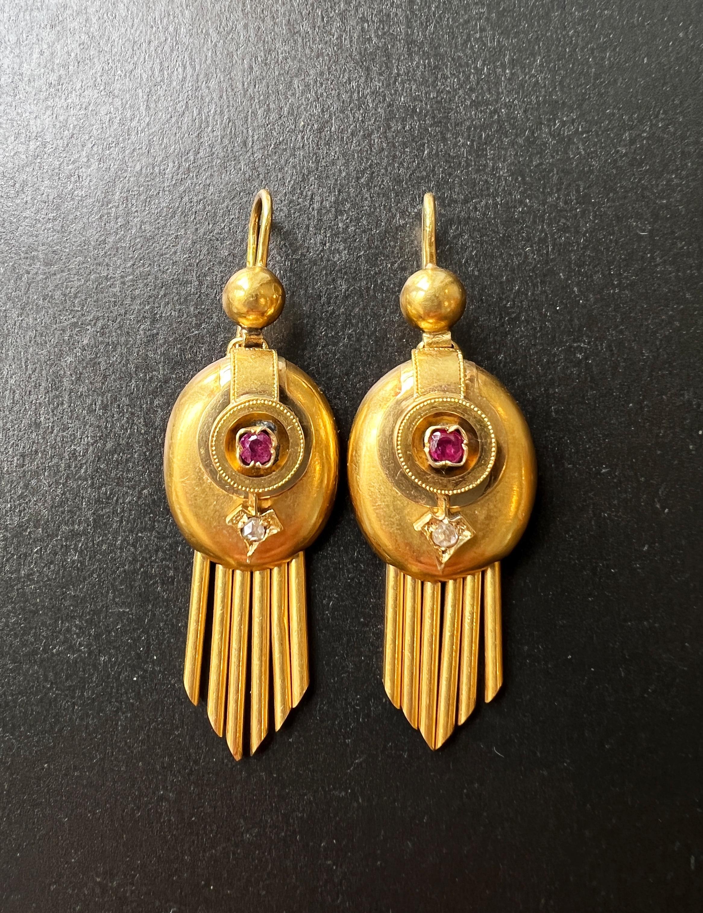Magnificent Victorian era 18K gold diamond ruby arrow fringe earrings 1