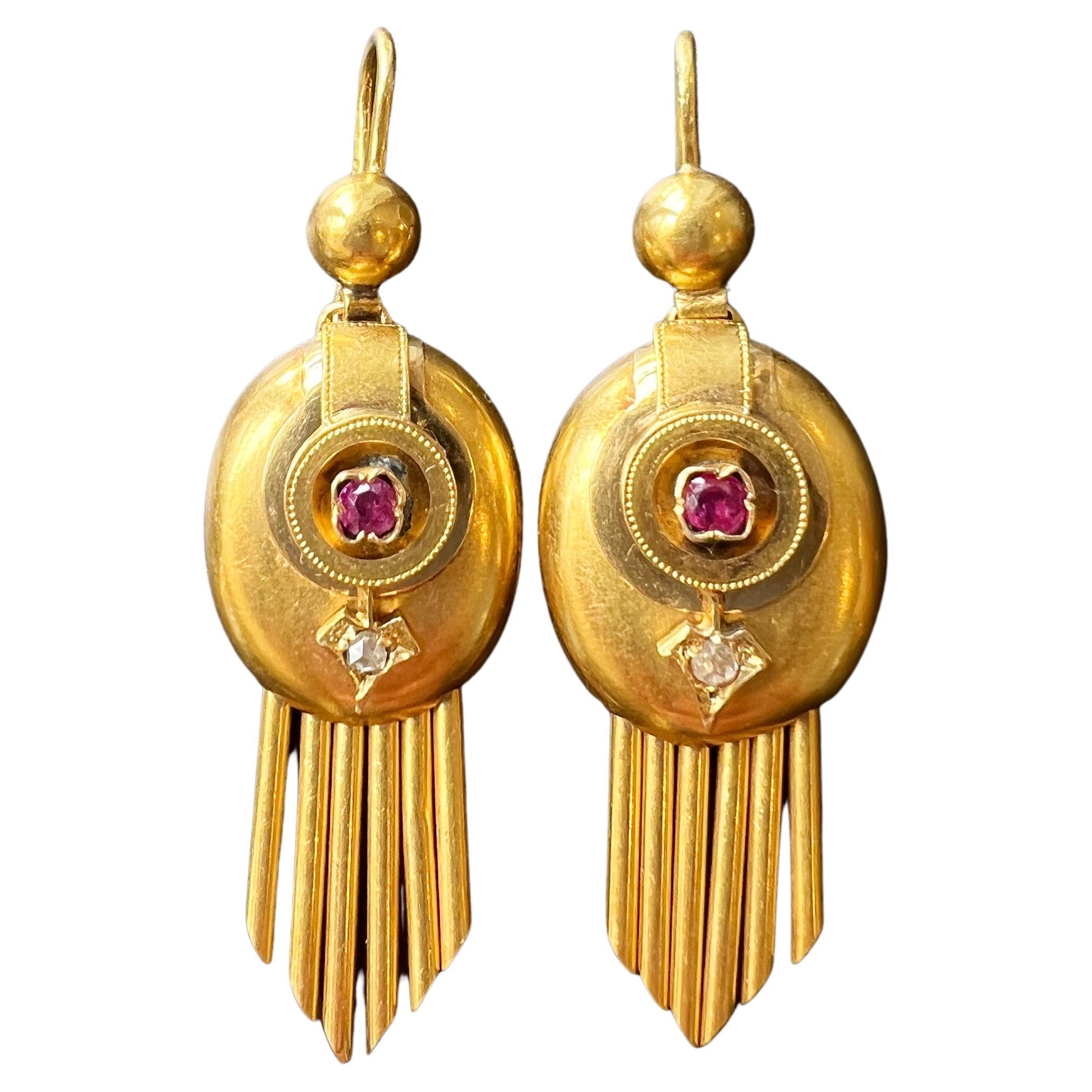 Magnificent Victorian era 18K gold diamond ruby arrow fringe earrings