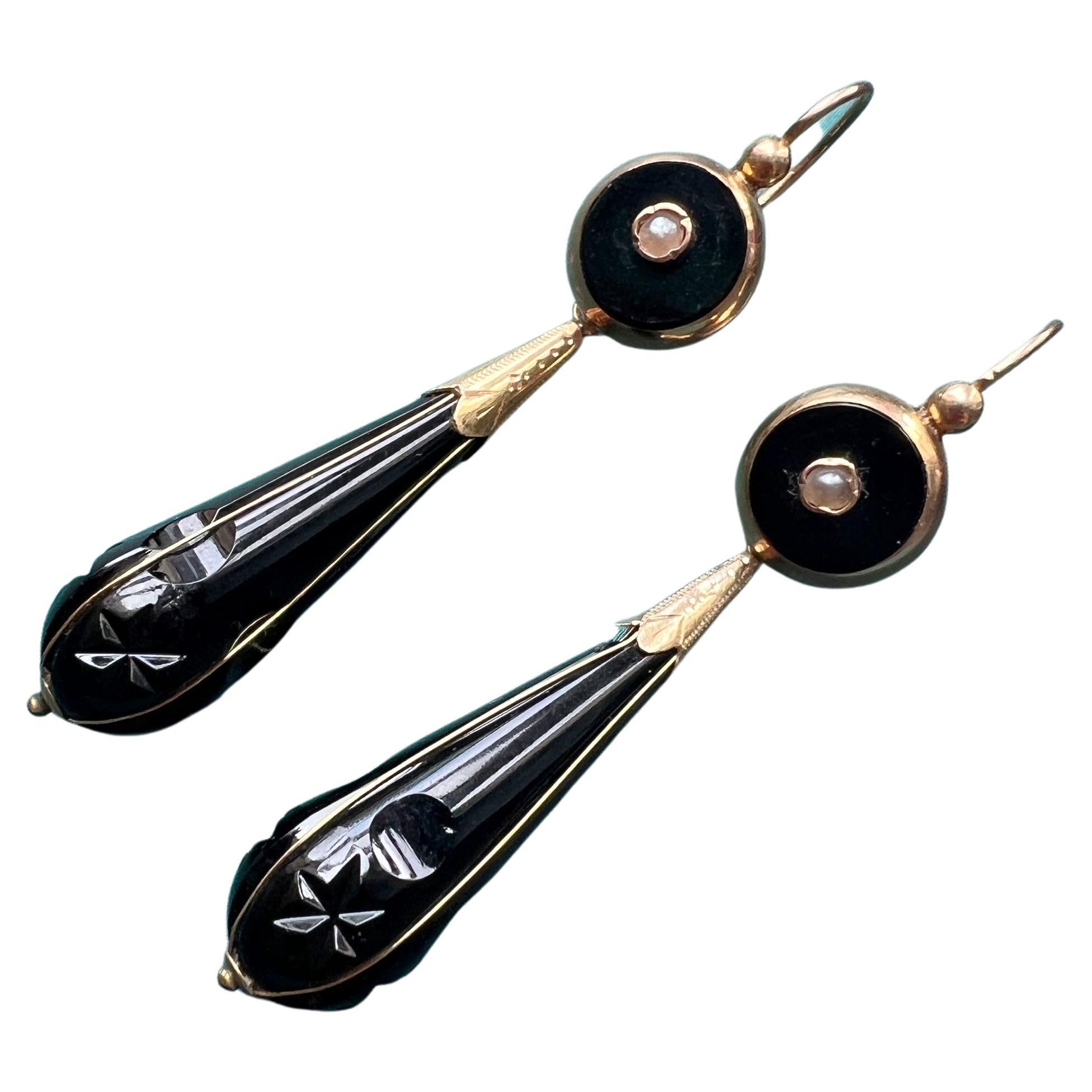 Magnificent Victorian Era Day and Night 18K Gold Onyx Drop Earrings For  Sale at 1stDibs