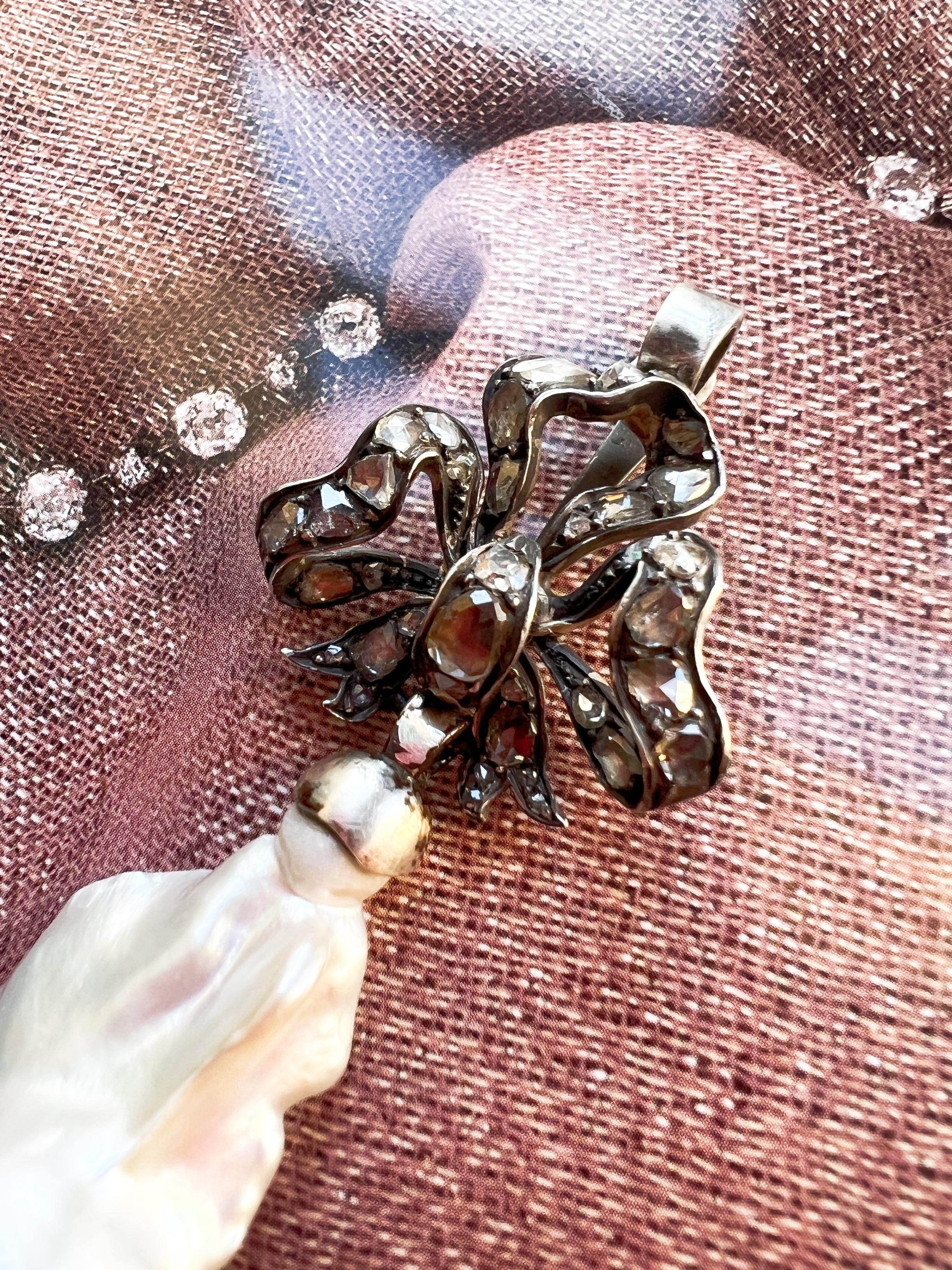High Victorian Magnificent Victorian Era Rose Cut Diamond Bow and Baroque Pearl Pendant