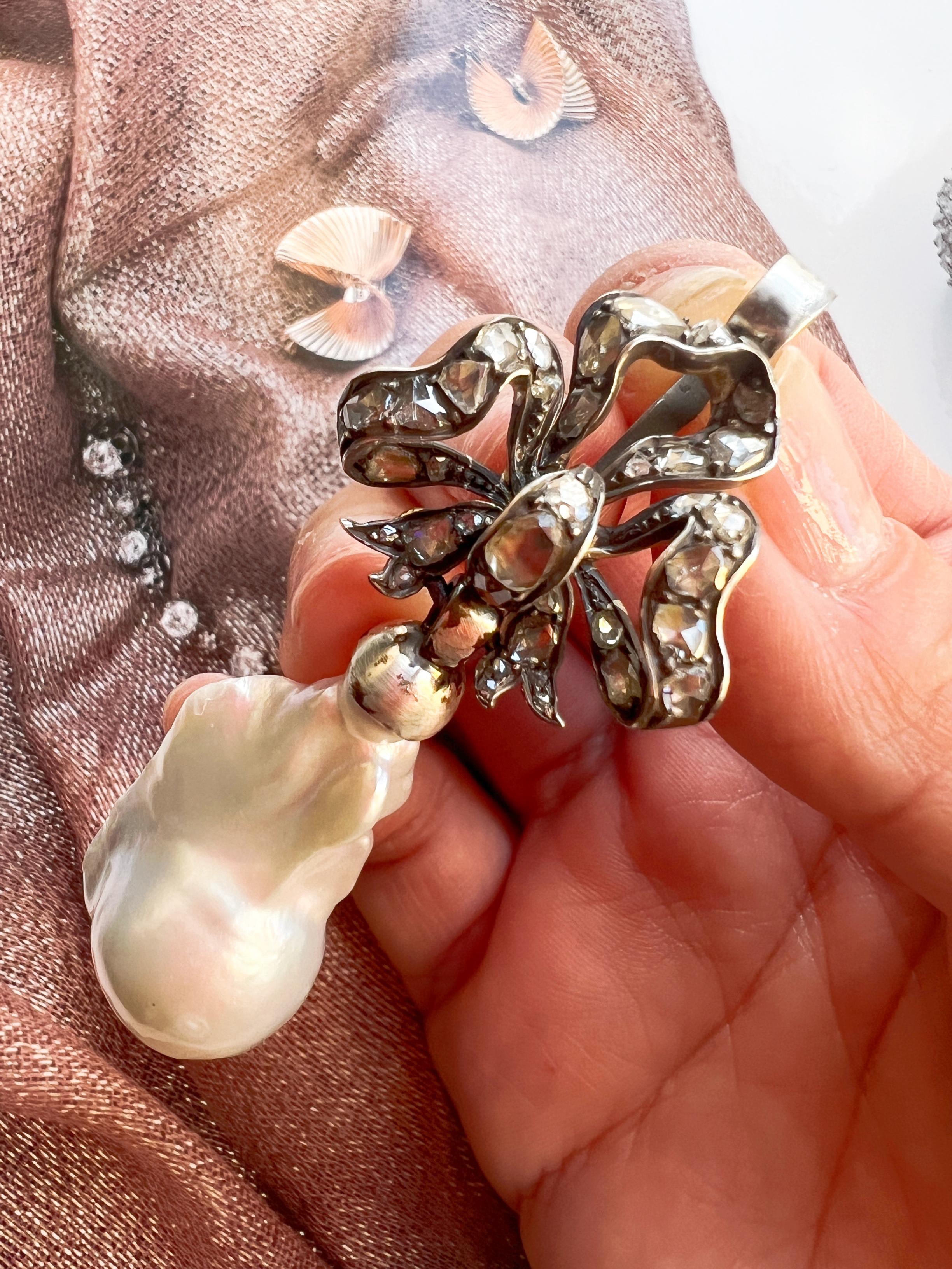 Women's Magnificent Victorian Era Rose Cut Diamond Bow and Baroque Pearl Pendant