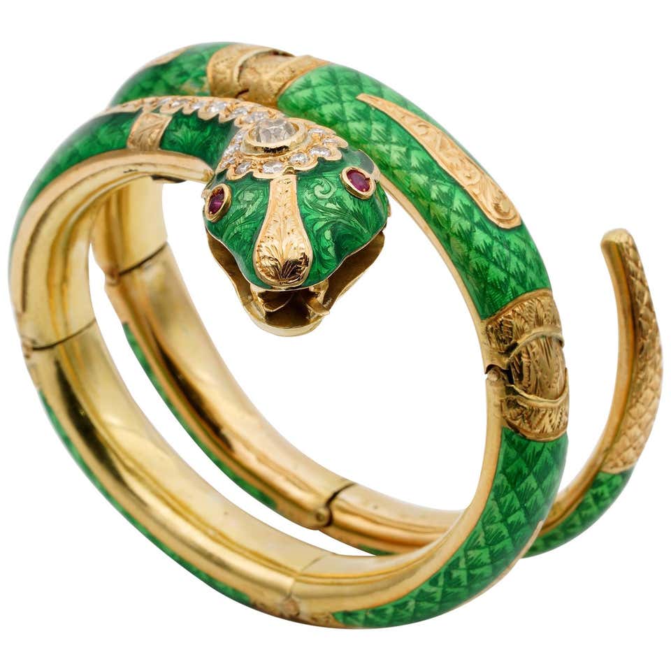 Magnificent Victorian Green Enamel Diamond Ruby Rare Snake Bracelet For ...