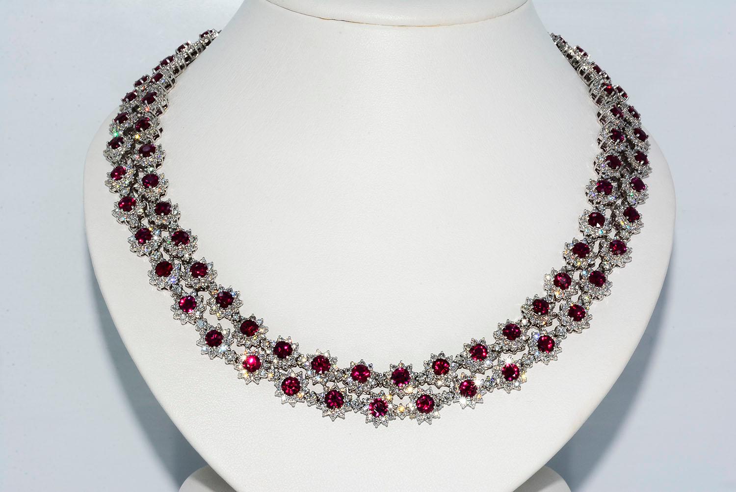 Magnificent Vietnamese Round Ruby Necklace and Matching Earrings 18k White Gold

NECKLACE
Round Vietnamese Rubies 36.07 ct
Round Diamonds 20.04 ct F VS1
18k White Gold
Length 16 Inches
89.9 Grams

BRACELET 

Round Vietnamese Rubies 8.74 ct
Round