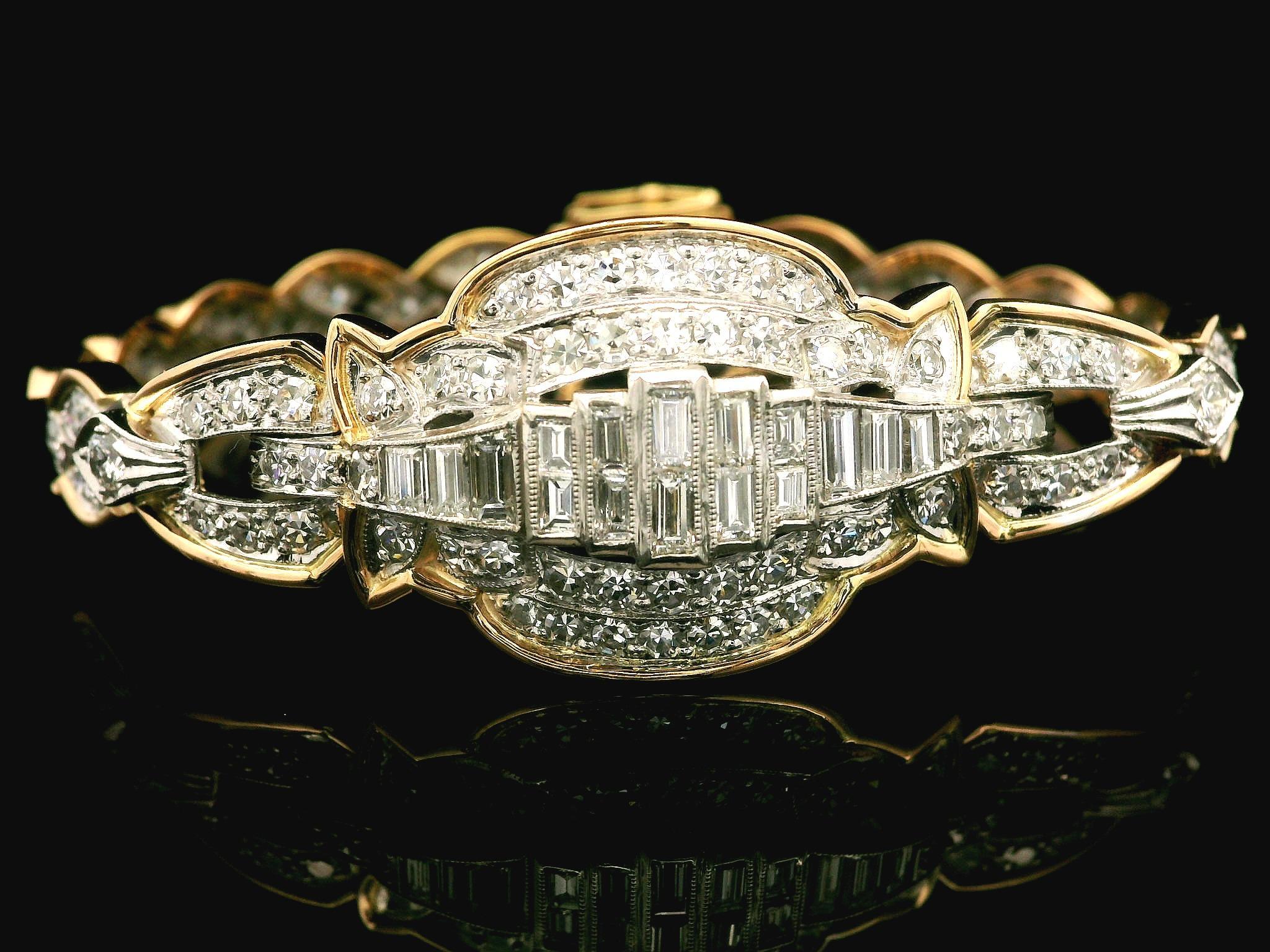 --Stone(s):--
(92) Natural Genuine Diamonds - 38 Round Brilliant & 54 Single Cut - Pave Set - G/H Color - Mostly VS w/ Few SI Clarity - 2.80ctw (approx.)
(16) Natural Genuine Diamonds - Baguette Cut - Channel Set - H/I Color - VS1/VS2 Clarity -