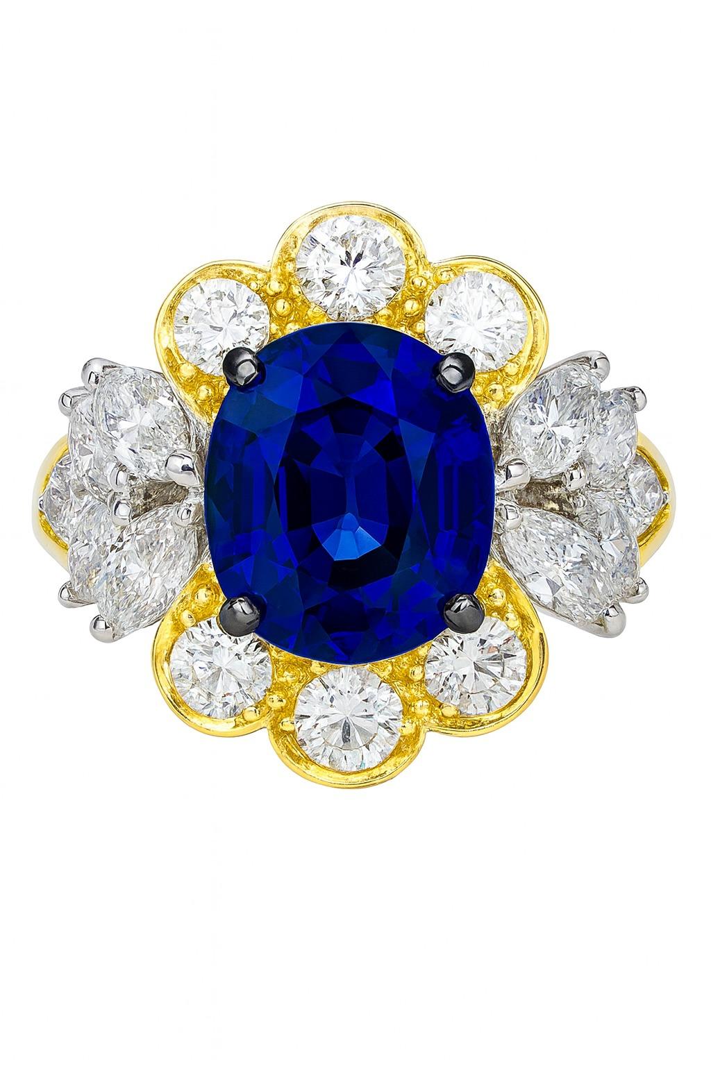 Magnificent Vintage 1980s Burma Mogok Royal Blue Sapphire and Diamond Ring In Excellent Condition For Sale In Chicago, IL