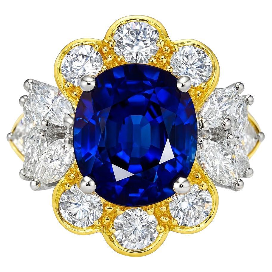 Magnificent Vintage 1980s Burma Mogok Royal Blue Sapphire and Diamond Ring For Sale