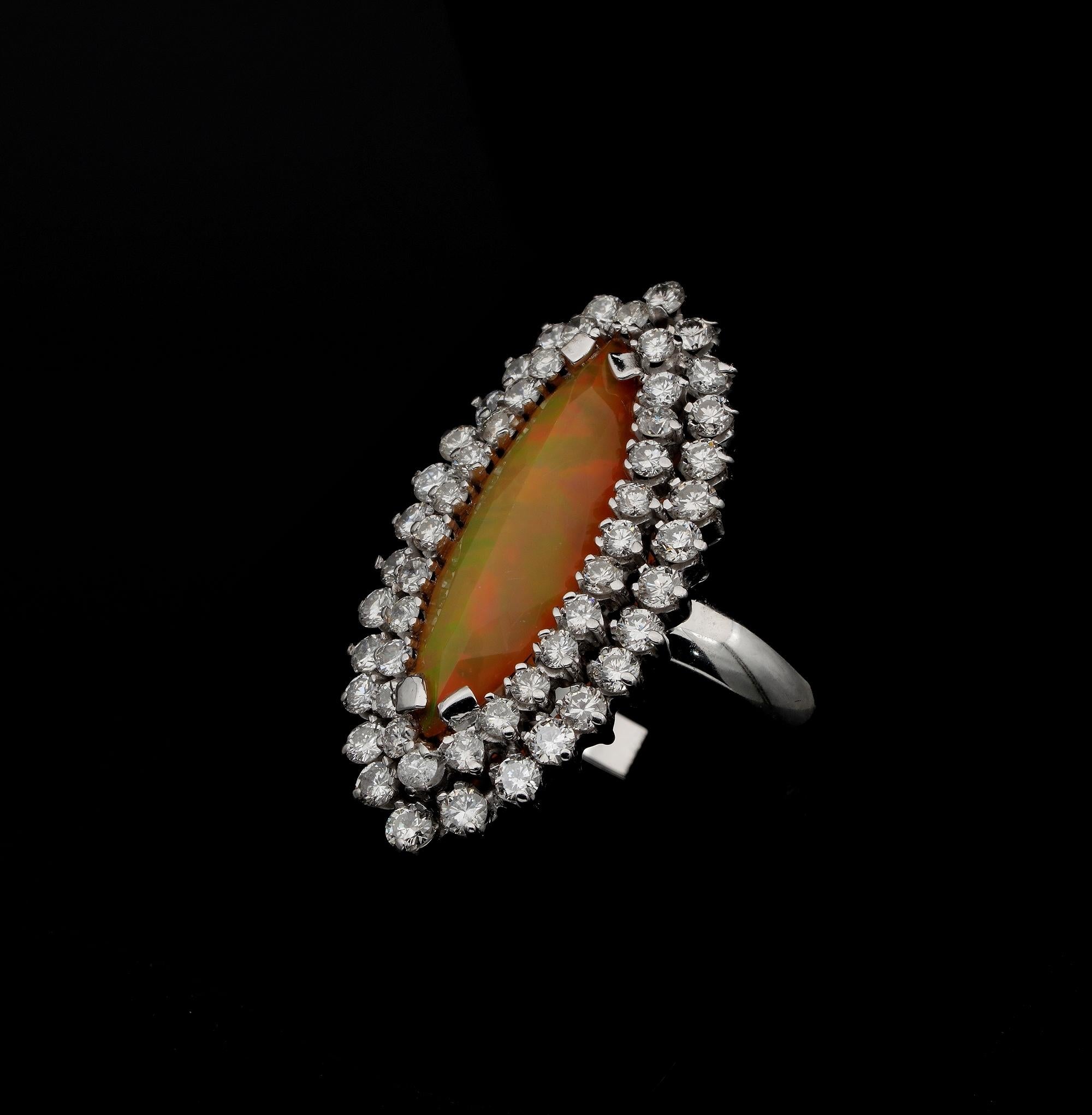 Contemporary Magnificent Vintage Marquee Shaped Rare Fire Opal 2.60 Carat Diamond Ring For Sale