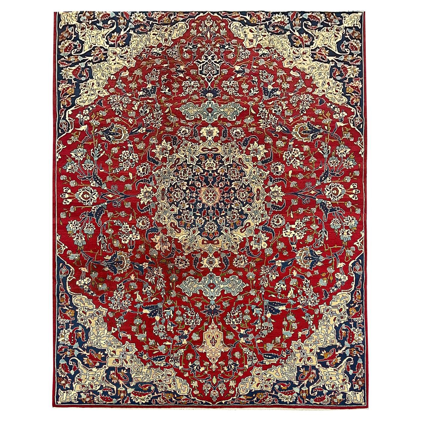 Magnifique tapis de salon oriental fait à la main en laine rouge à motifs floraux