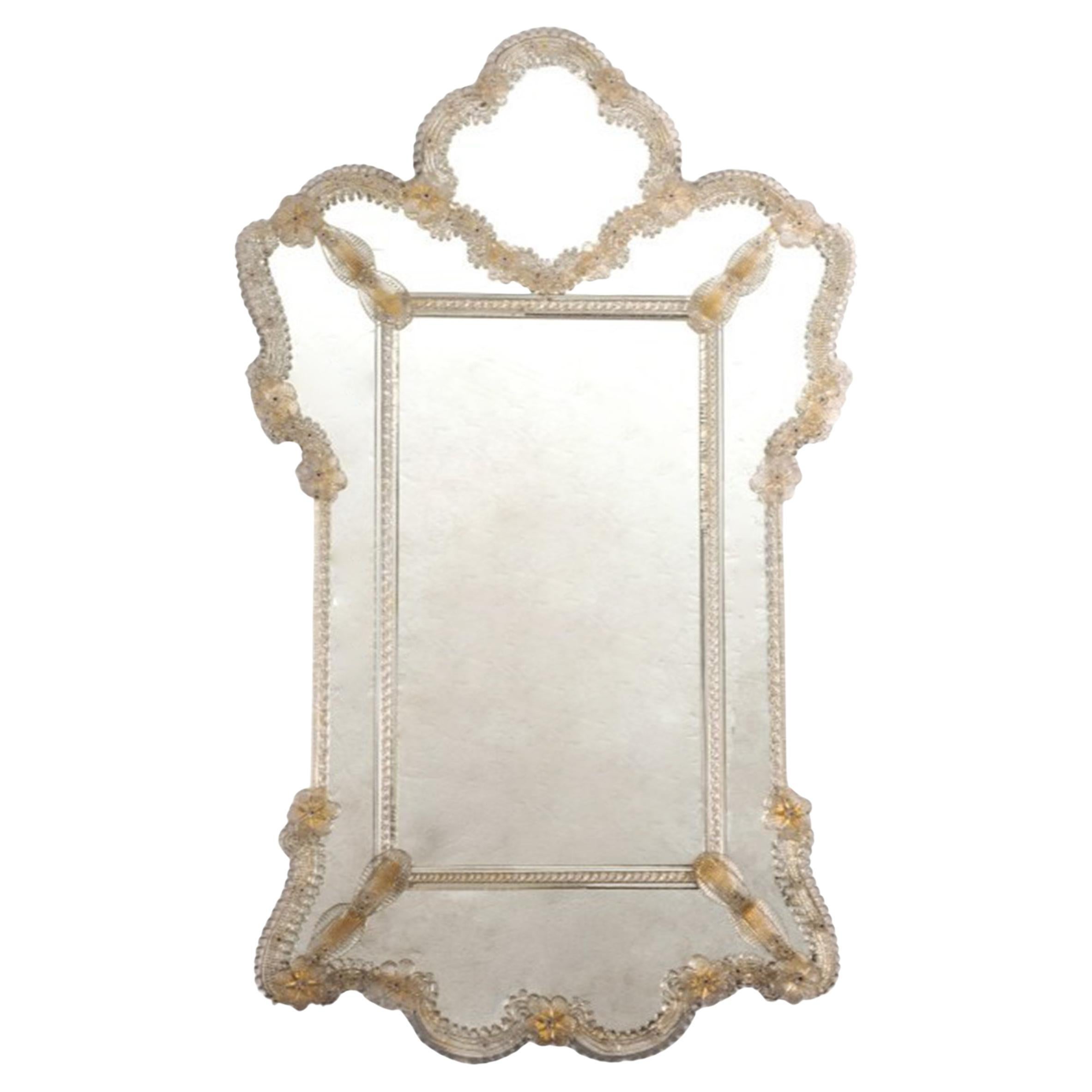 Magnifique miroir vénitien vintage en verre de Murano - Détails floraux clairs et dorés