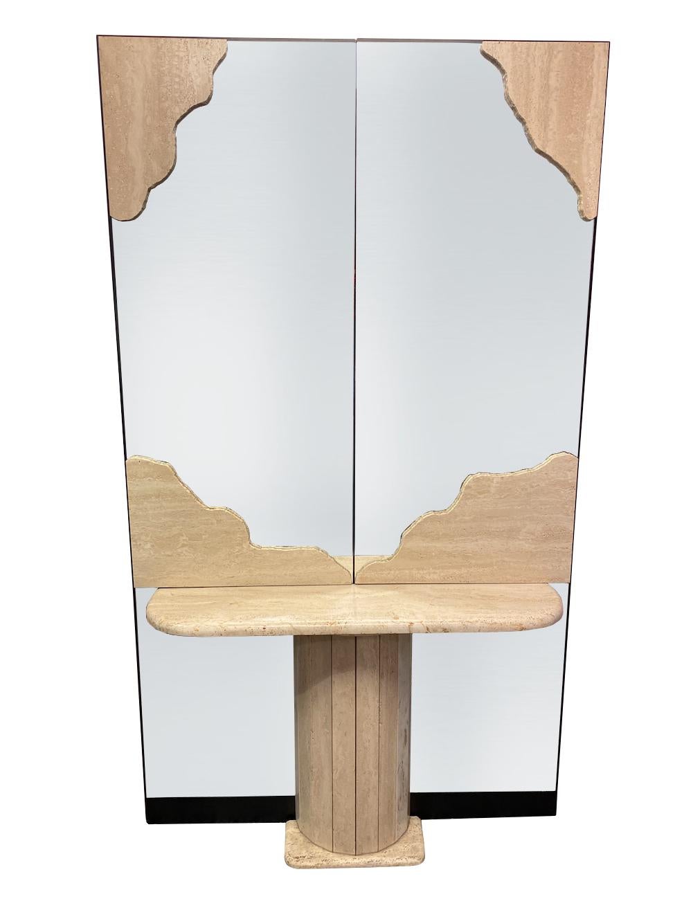 Italian wall console in travertine. 
Composed of several elements with a central shelf resting on a half-moon column base.

Exceptional workmanship with symmetrical detailing on the top and bottom mirror parts and faceted base. 