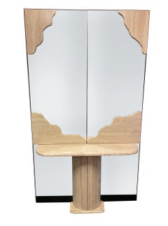 Magnificent wall mirror with travertine console, Italian design, Circa 70.