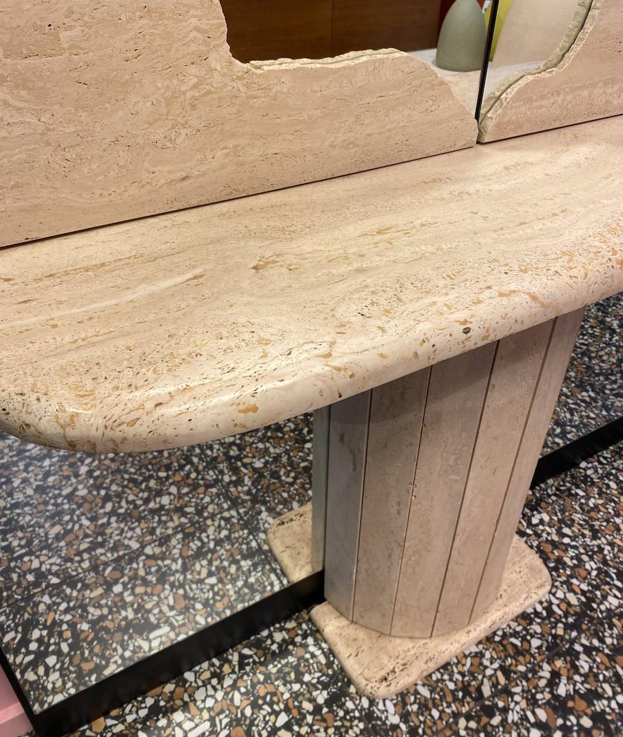 Magnificent wall mirror with travertine console, Italian design, Circa 70. For Sale 2