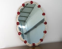 Magnificent Wall Venetian Mirror in Murano Glass, Gold Color with Red Flowers