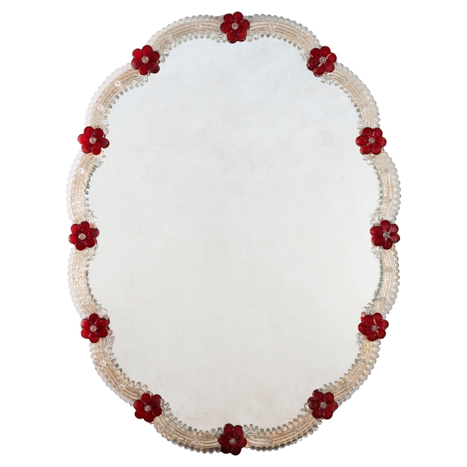 Magnificent Wall Venetian Mirror in Murano Glass, Gold Color with Red Flowers For Sale