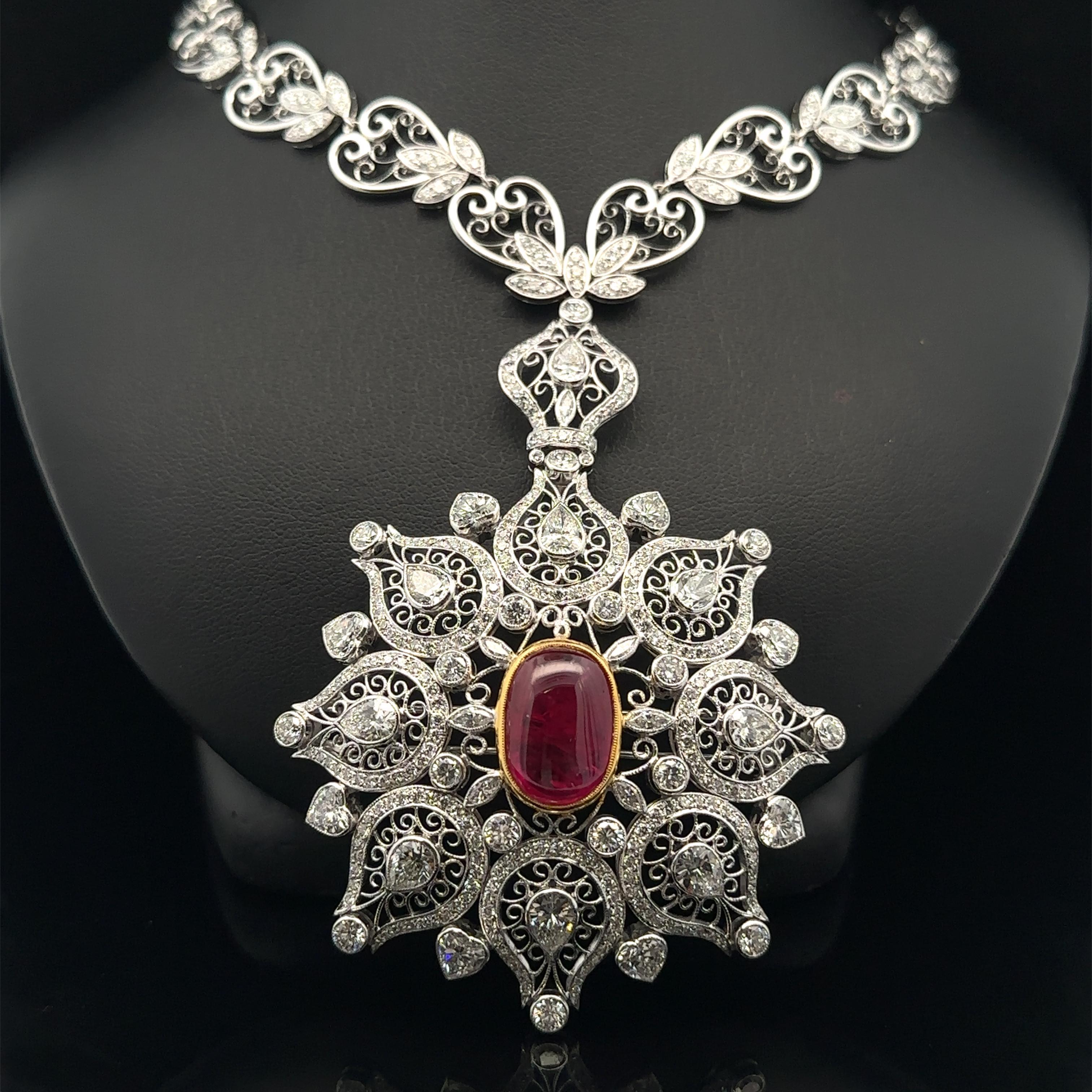 Magnífico Collar Colgante Broche de Oro Blanco GIA 26,16ctw Rubí de Birmania y Diamantes en venta 9