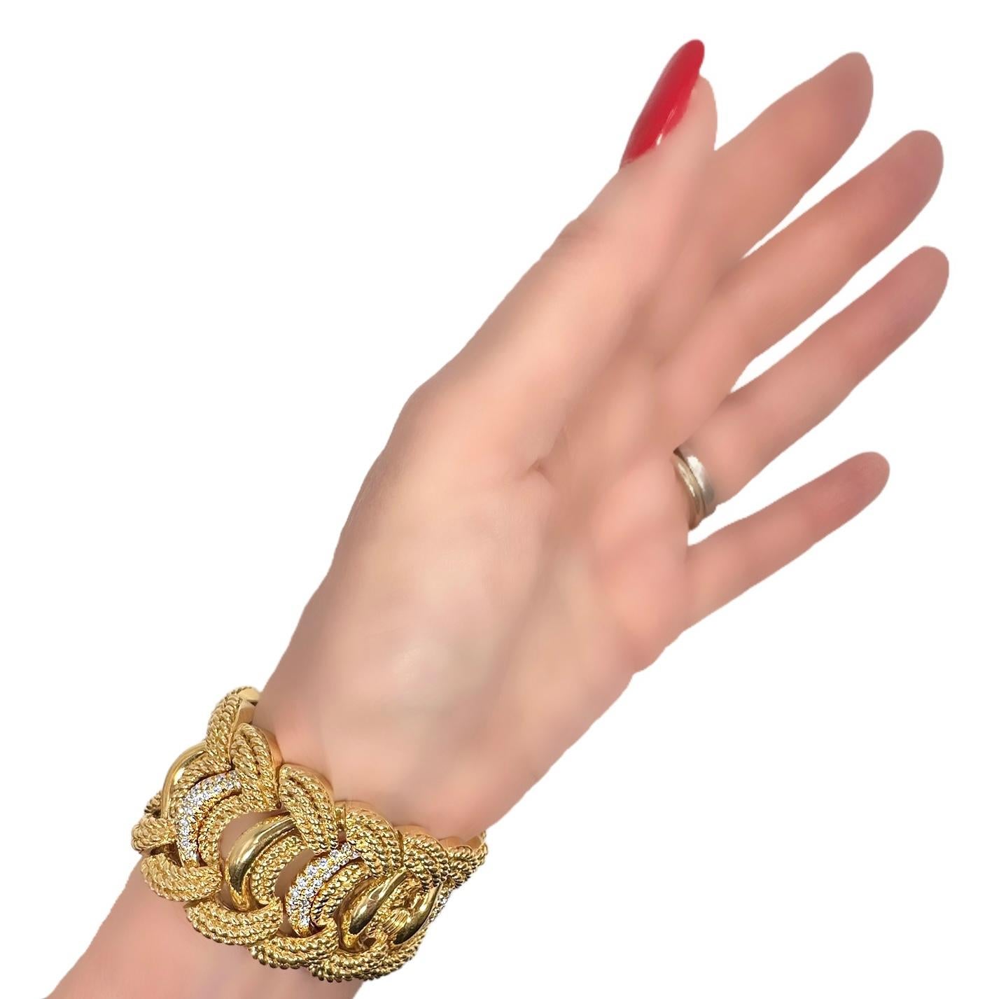 Magnificent Wide Mid-Century Italian 18K Yellow Gold & Diamond Cocktail Bracelet 5
