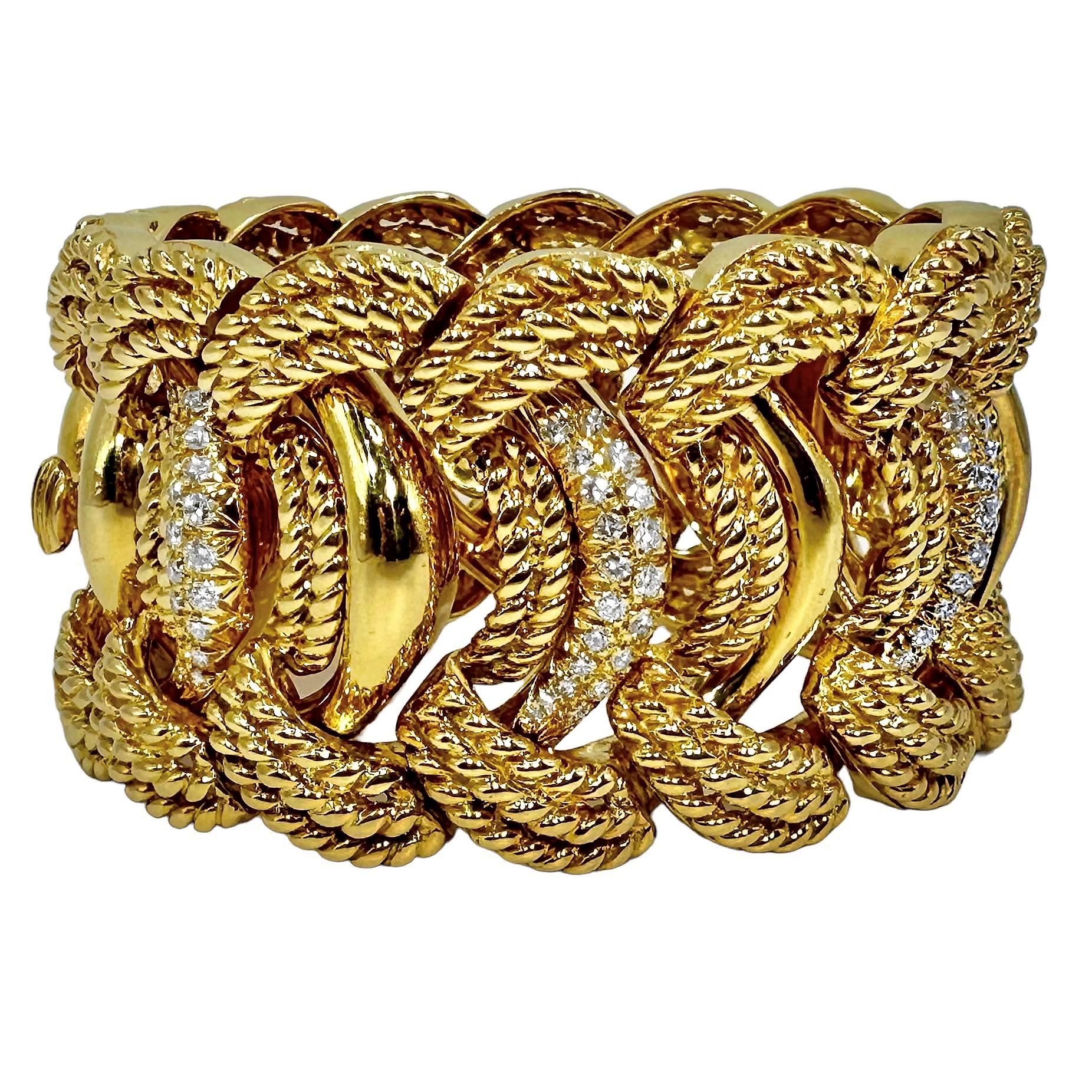 Modern Magnificent Wide Mid-Century Italian 18K Yellow Gold & Diamond Cocktail Bracelet