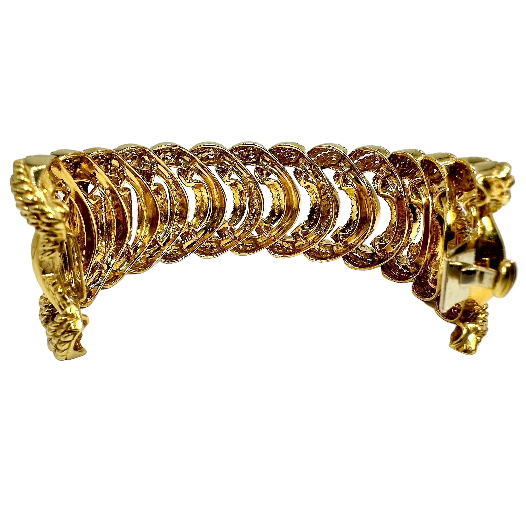Magnificent Wide Mid-Century Italian 18K Yellow Gold & Diamond Cocktail Bracelet In Good Condition In Palm Beach, FL