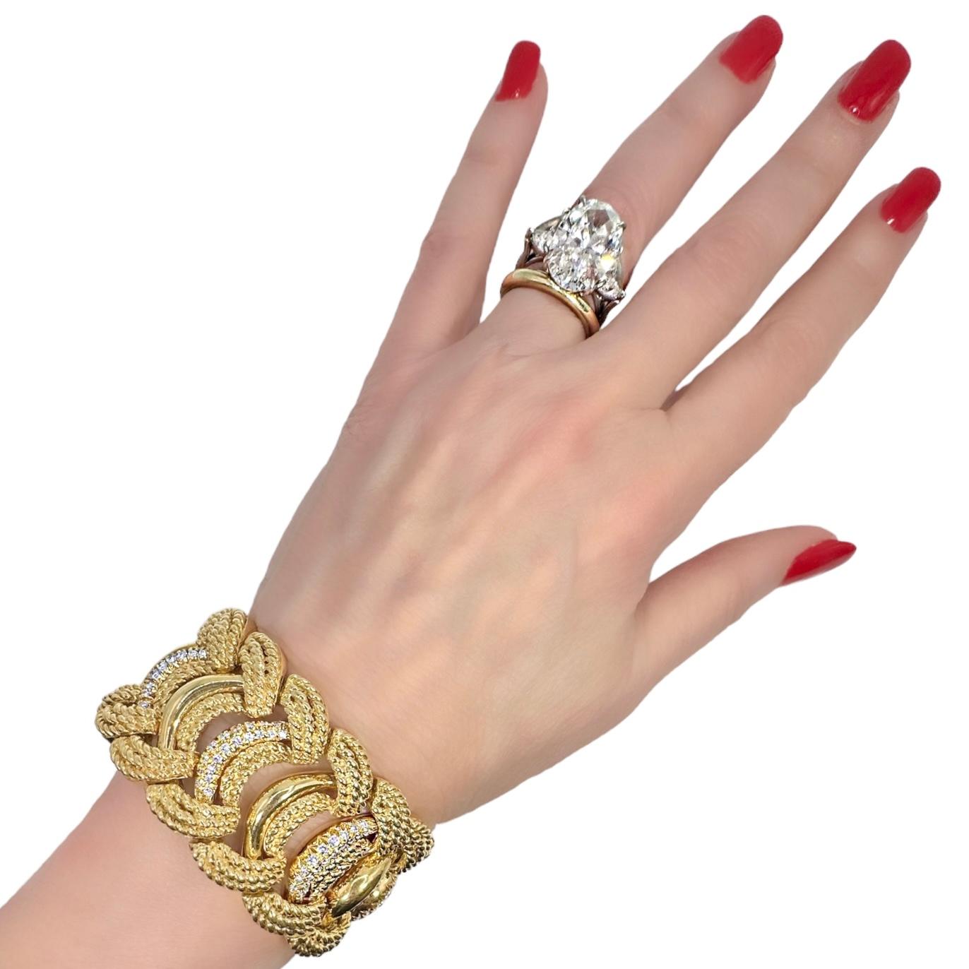 Magnificent Wide Mid-Century Italian 18K Yellow Gold & Diamond Cocktail Bracelet 2