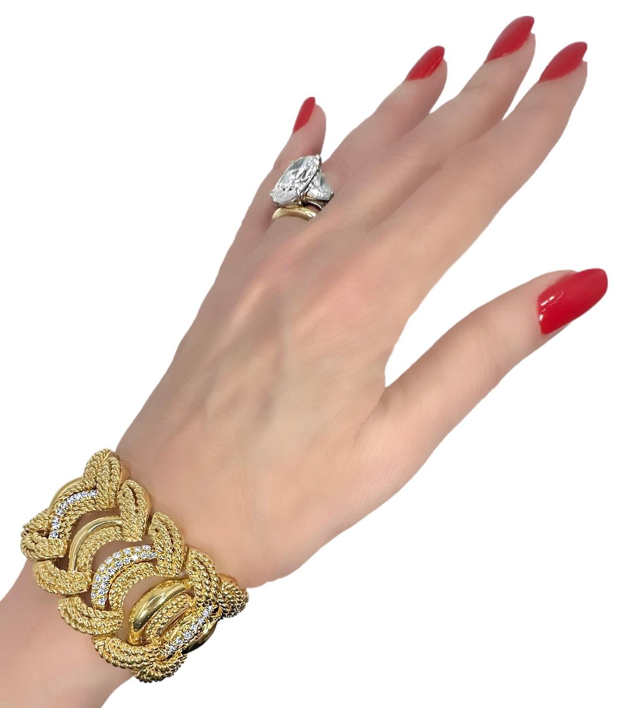 Magnificent Wide Mid-Century Italian 18K Yellow Gold & Diamond Cocktail Bracelet 3