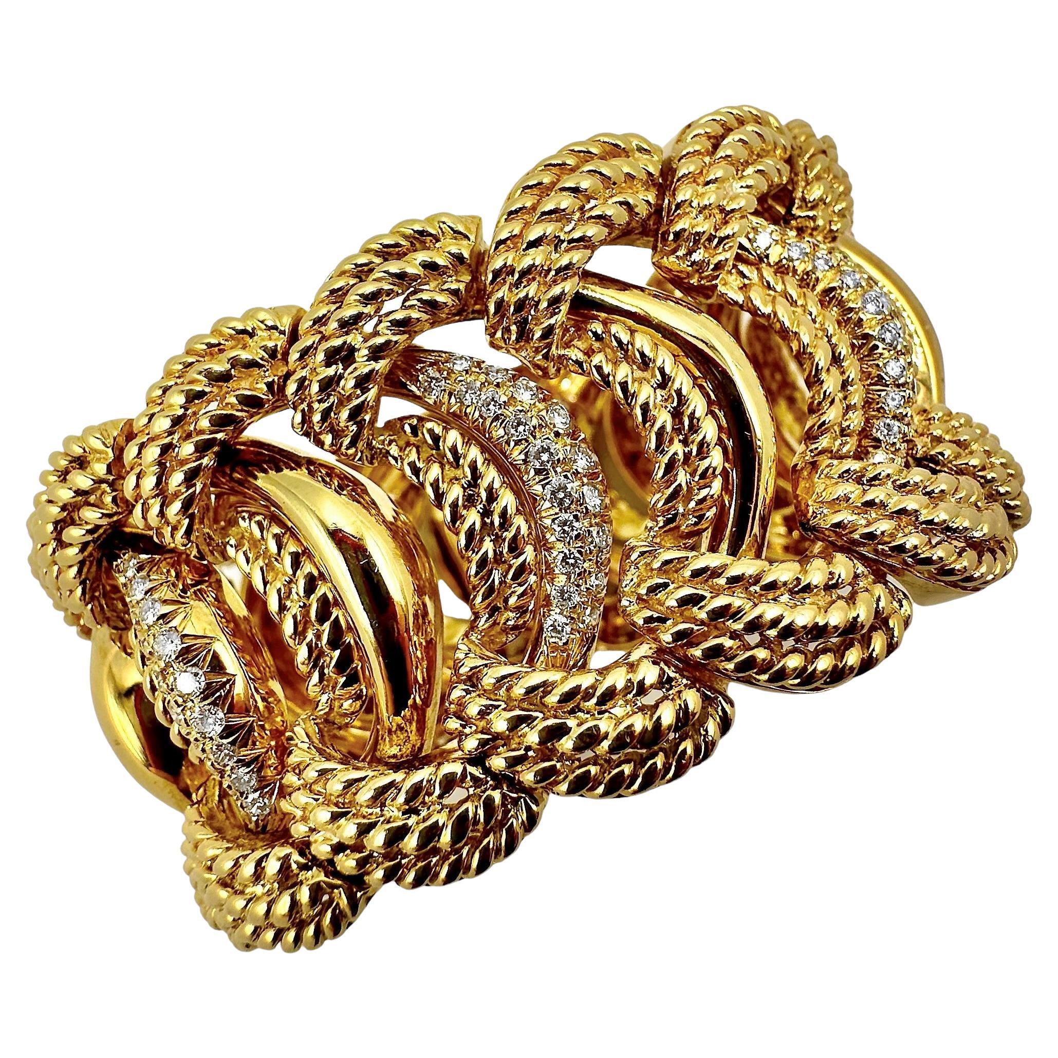 Magnificent Wide Mid-Century Italian 18K Yellow Gold & Diamond Cocktail Bracelet