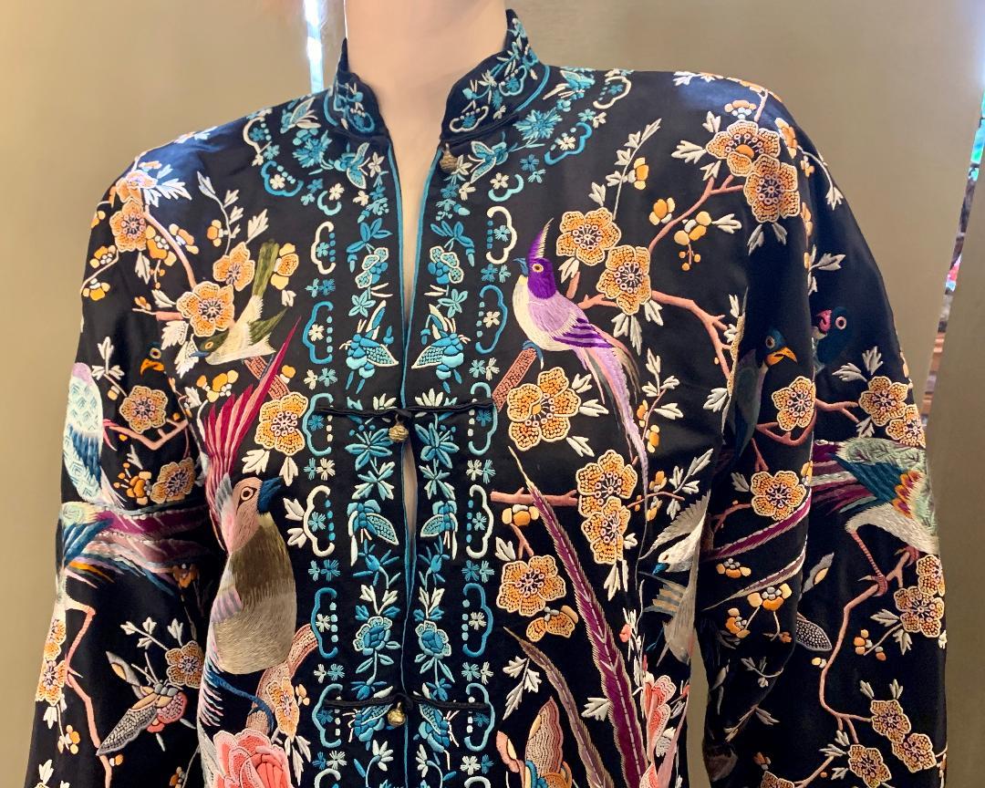 Black Magnificent Work of Art Hand Embroidered Chinese Silk Peacock Evening Coat