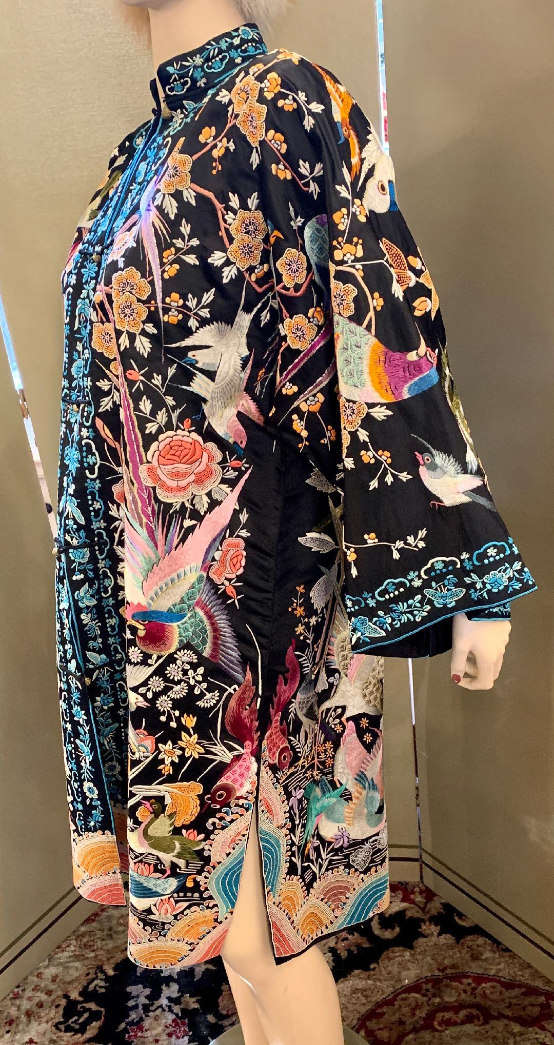 Magnificent Work of Art Hand Embroidered Chinese Silk Peacock Evening Coat 1