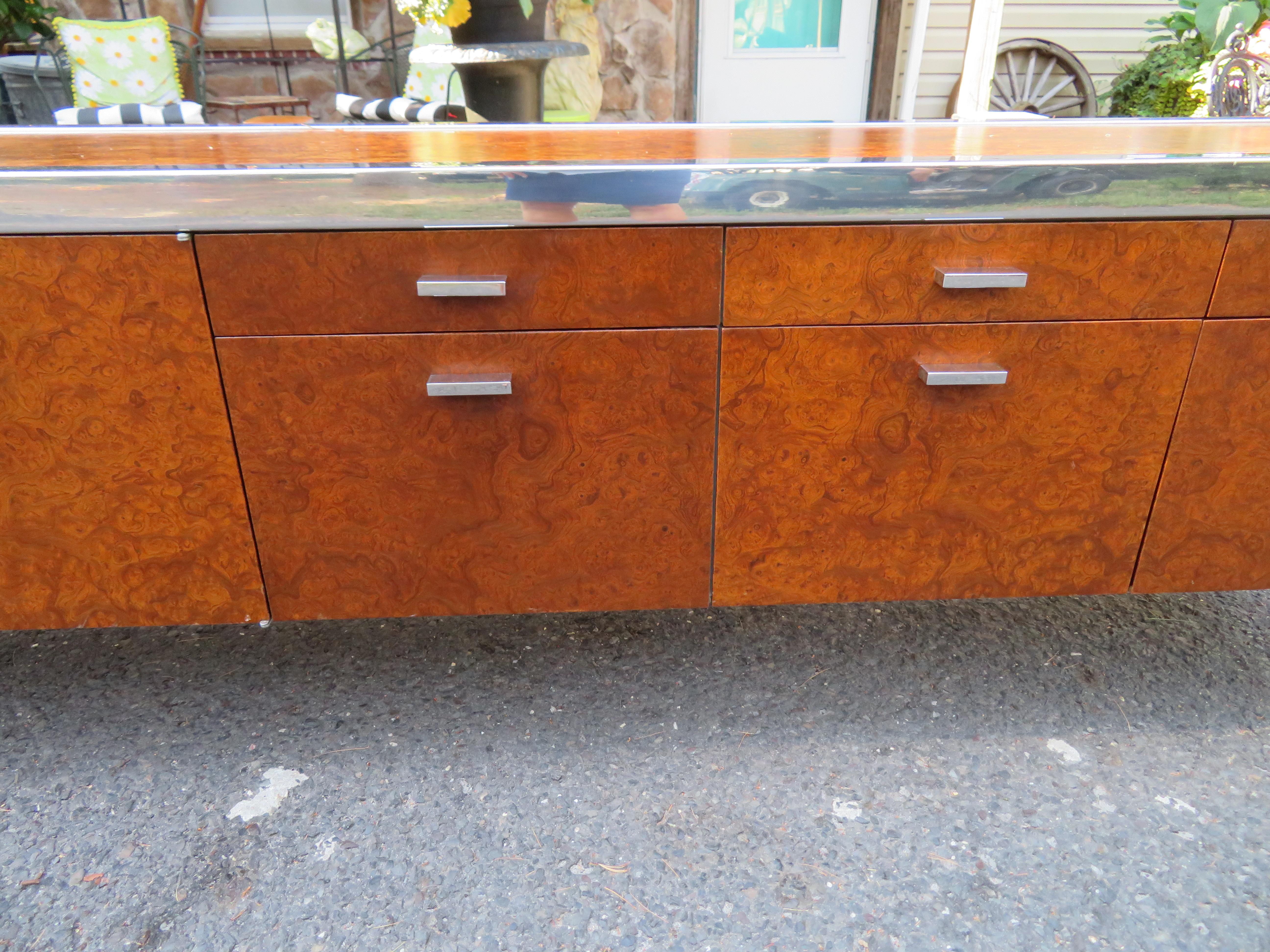 Mid-Century Modern Magnificent XL Leon Rosen Pace Collection Burl Chrome Credenza Mid-Century For Sale