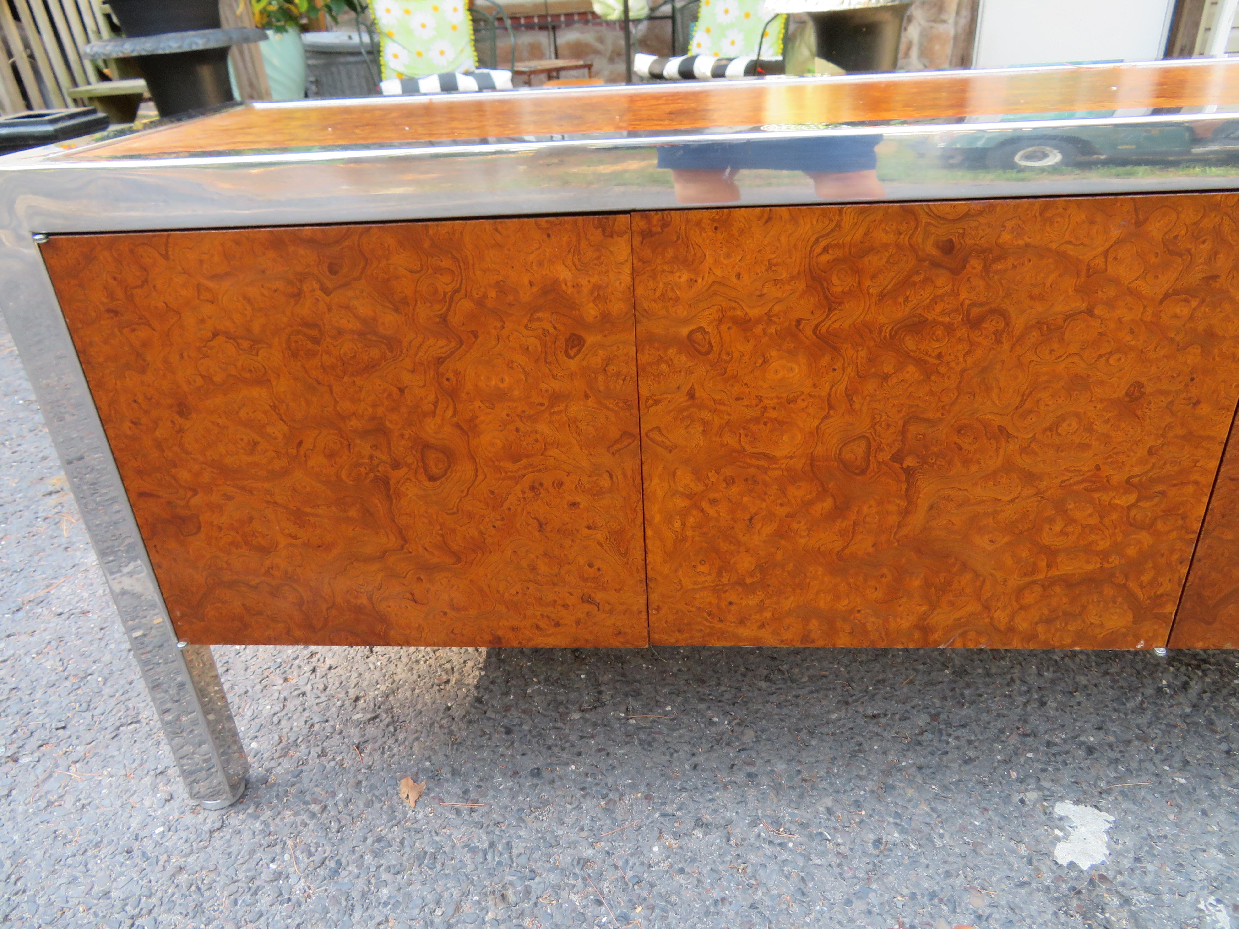 American Magnificent XL Leon Rosen Pace Collection Burl Chrome Credenza Mid-Century For Sale