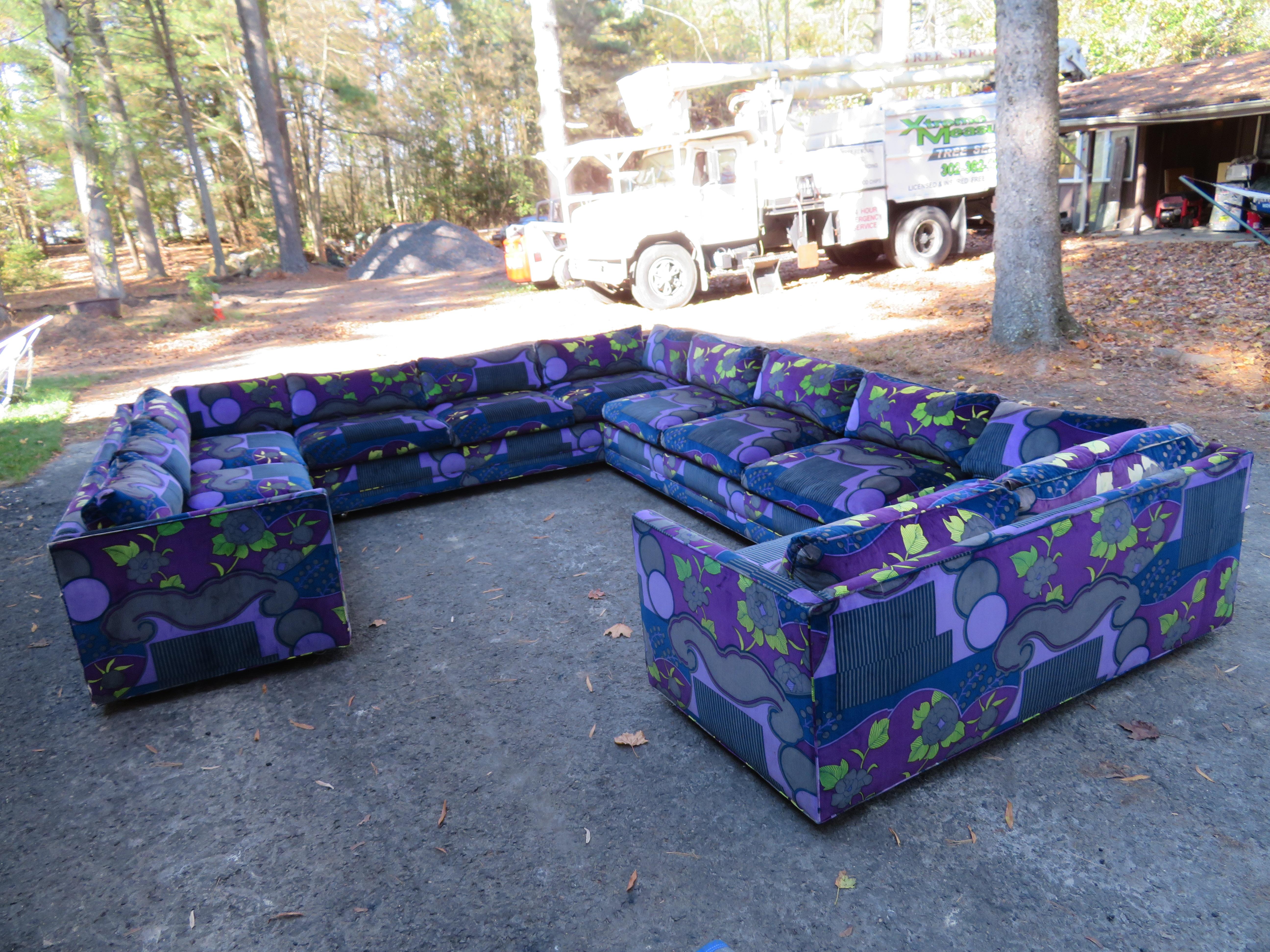 Magnificent extra large Milo Baughman 4-piece sectional with luscious Jack Lenor Larsen purple velvet fabric. This is possibly the most fabulous and large sectional sofa we have ever had. The original Jack Lenor Larsen velvet fabric is in wonderful