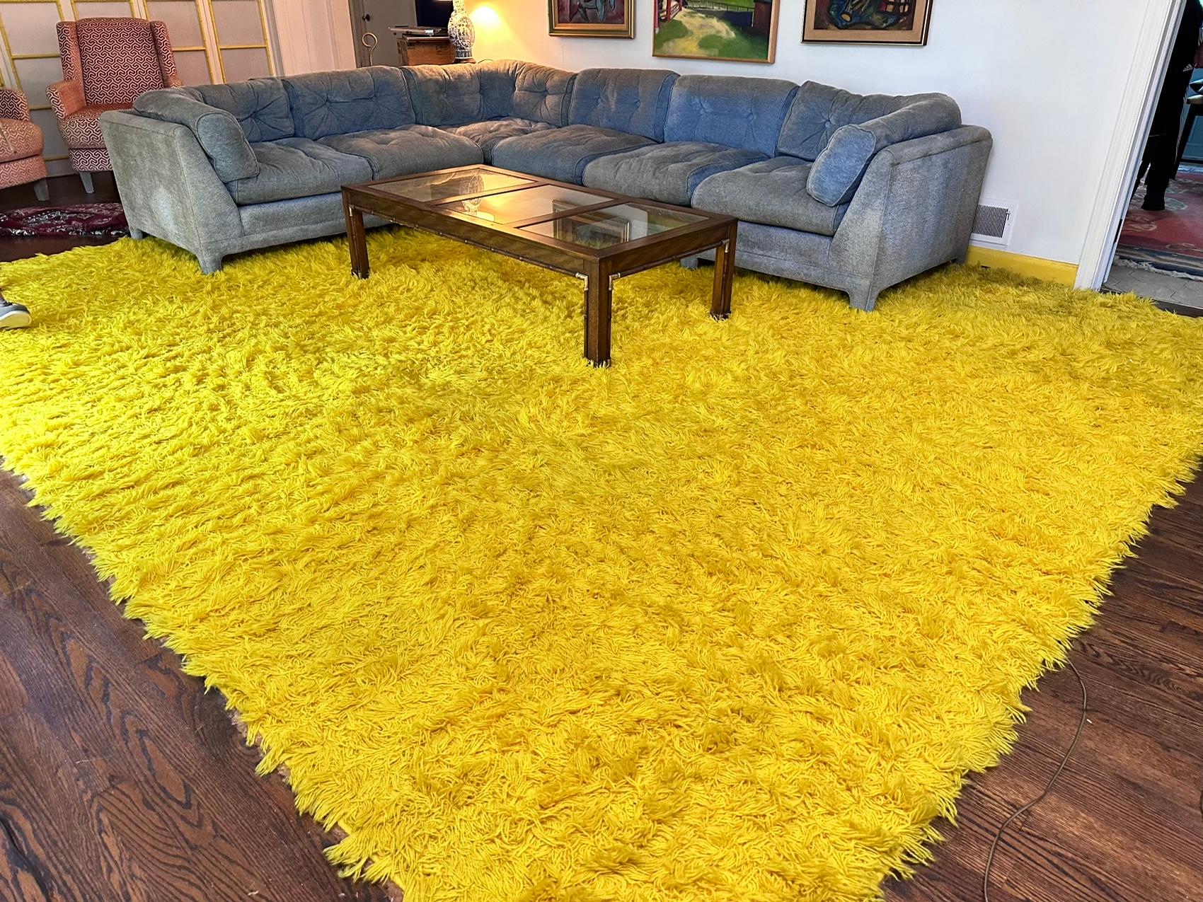 Magnificent XL Room Size Canary Yellow Shag Pile Rug, Circa 60's For Sale 7