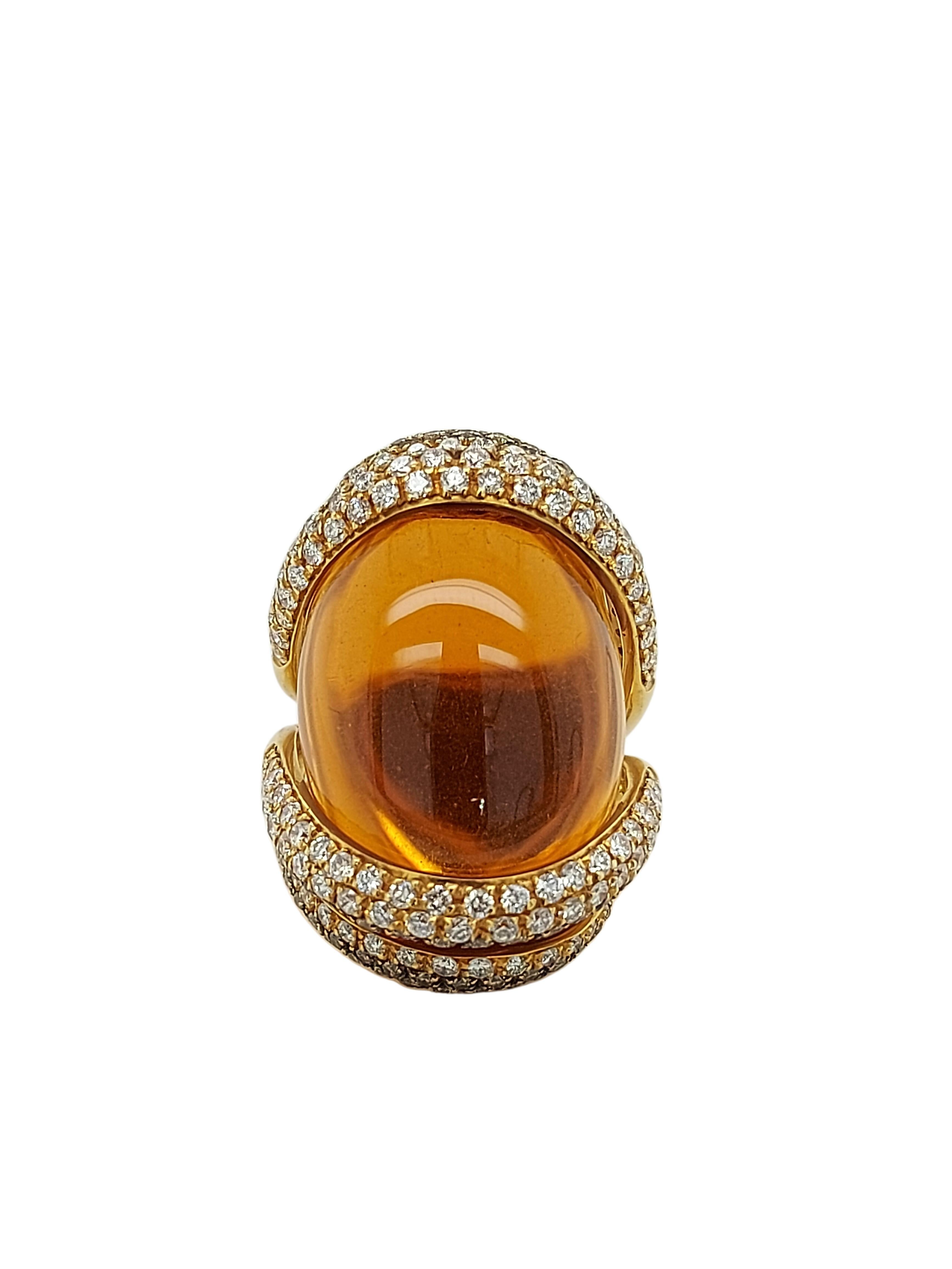 Magnificent Pink Gold Ring With Beautiful Huge Natural Cabochon Citrine And Diamonds 

Diamonds: White brilliant cut diamonds together approx. 1.56Ct G SI, brown diamonds together ca. 1.05 Ct

Natural Citrine: 34 Ct

Material: 18kt yellow