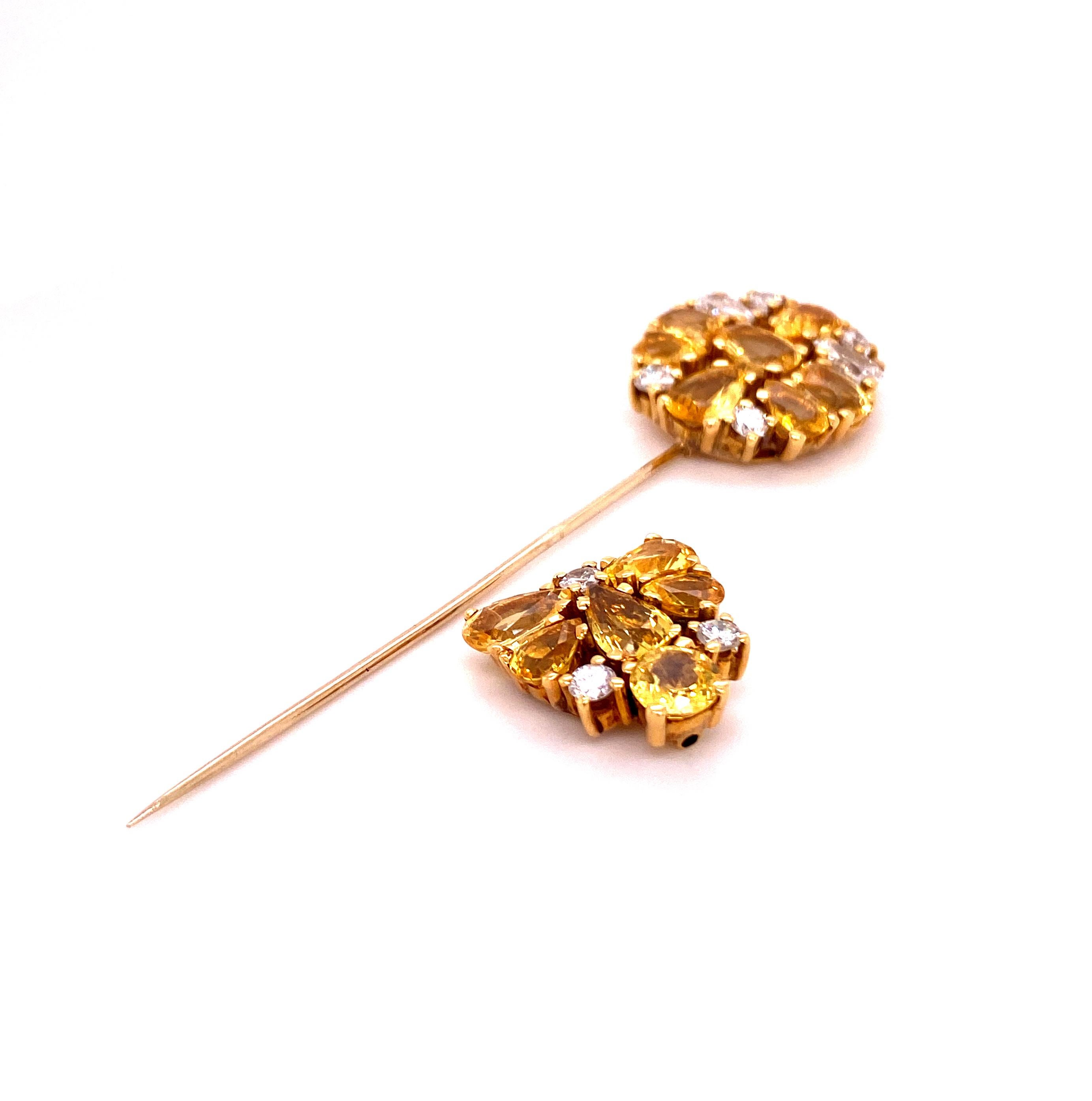 Pear Cut Magnificent Yellow Sapphire and Diamond Pin in 18k Yellow Gold For Sale