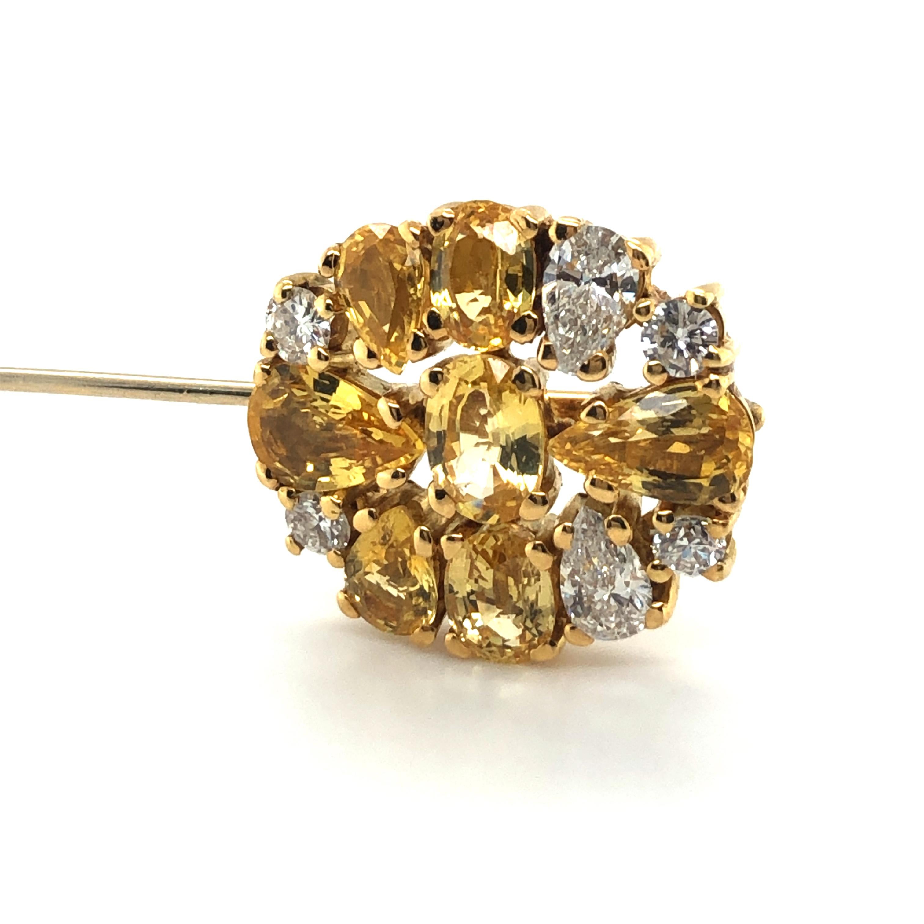 Magnificent Yellow Sapphire and Diamond Pin in 18k Yellow Gold For Sale 1