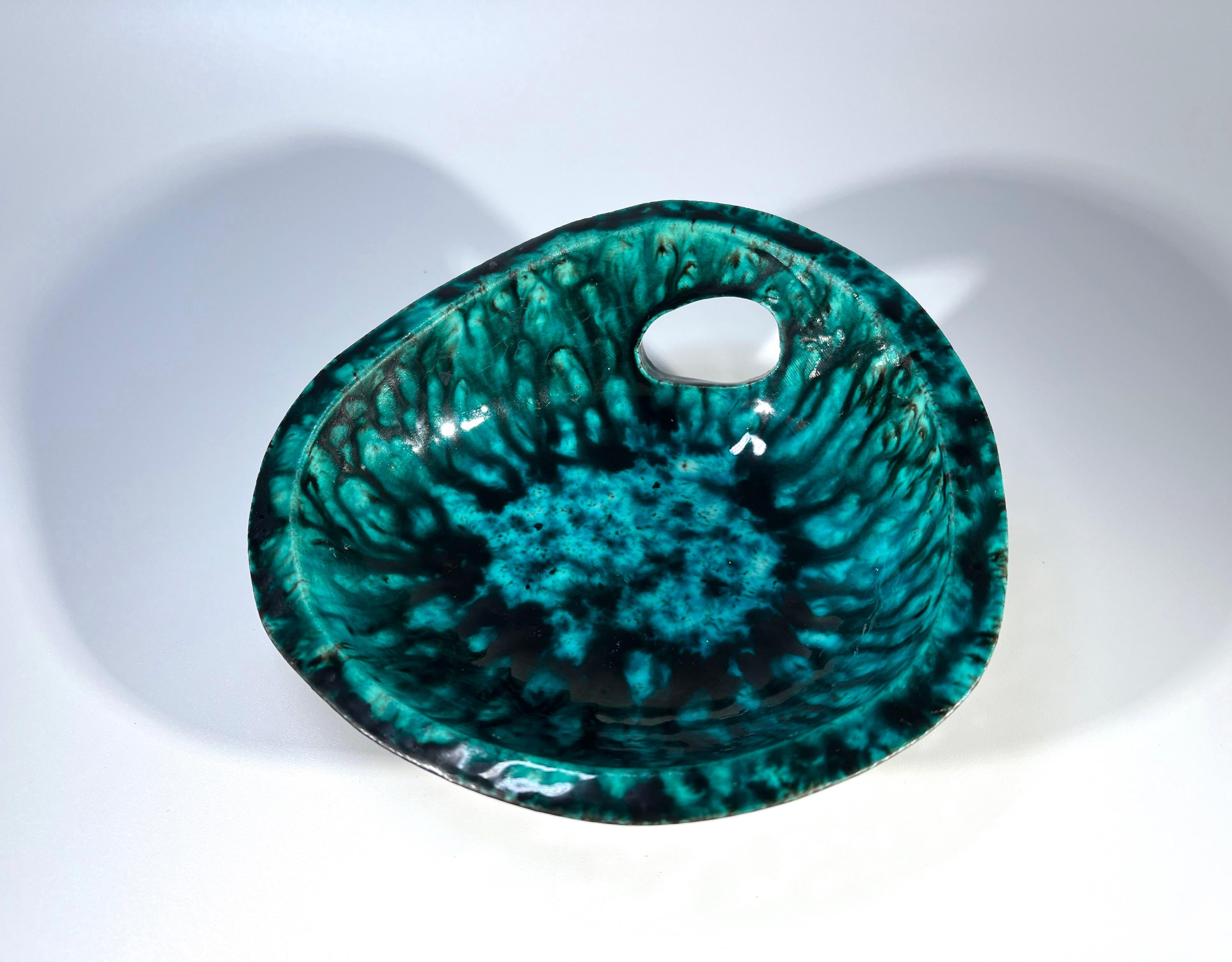 French Magnificently Vivid, Sea Green Ceramic Vide-Poche By Accolay, France 1960's For Sale