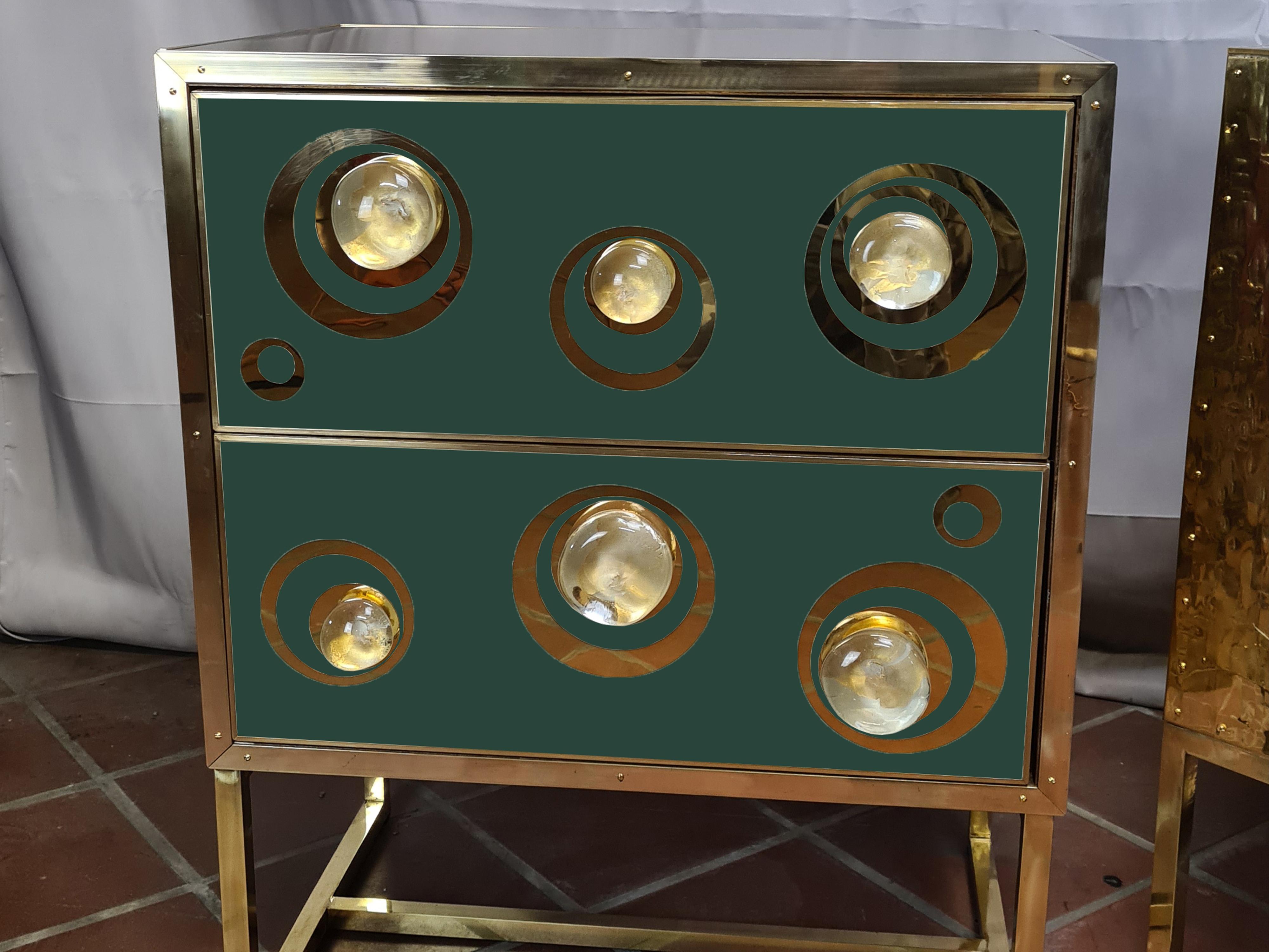 Beveled Magnificents Dark Green and Gold Italian Murano Bedside Tables Available For Sale
