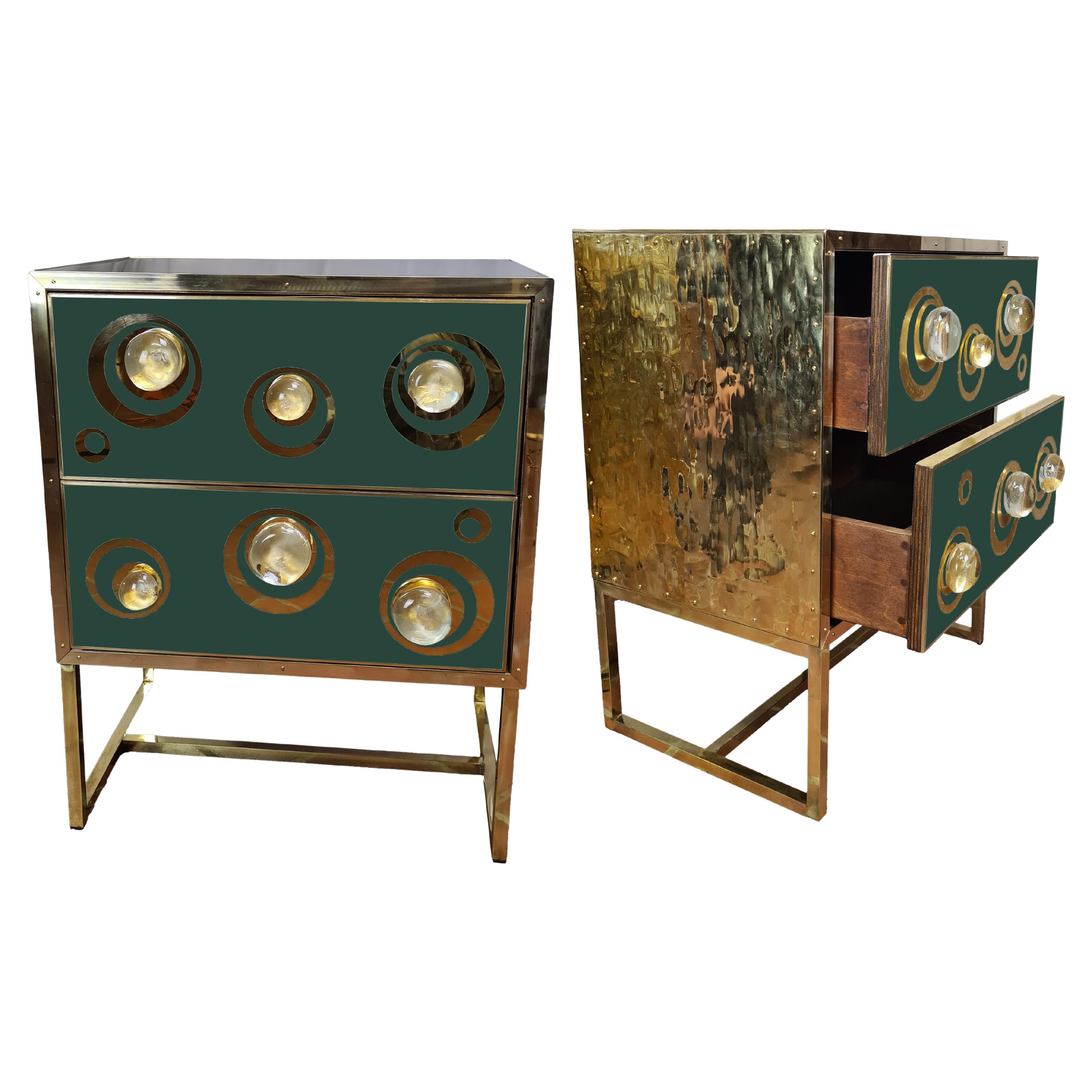 Magnificents Dark Green and Gold Italian Murano Bedside Tables Available For Sale