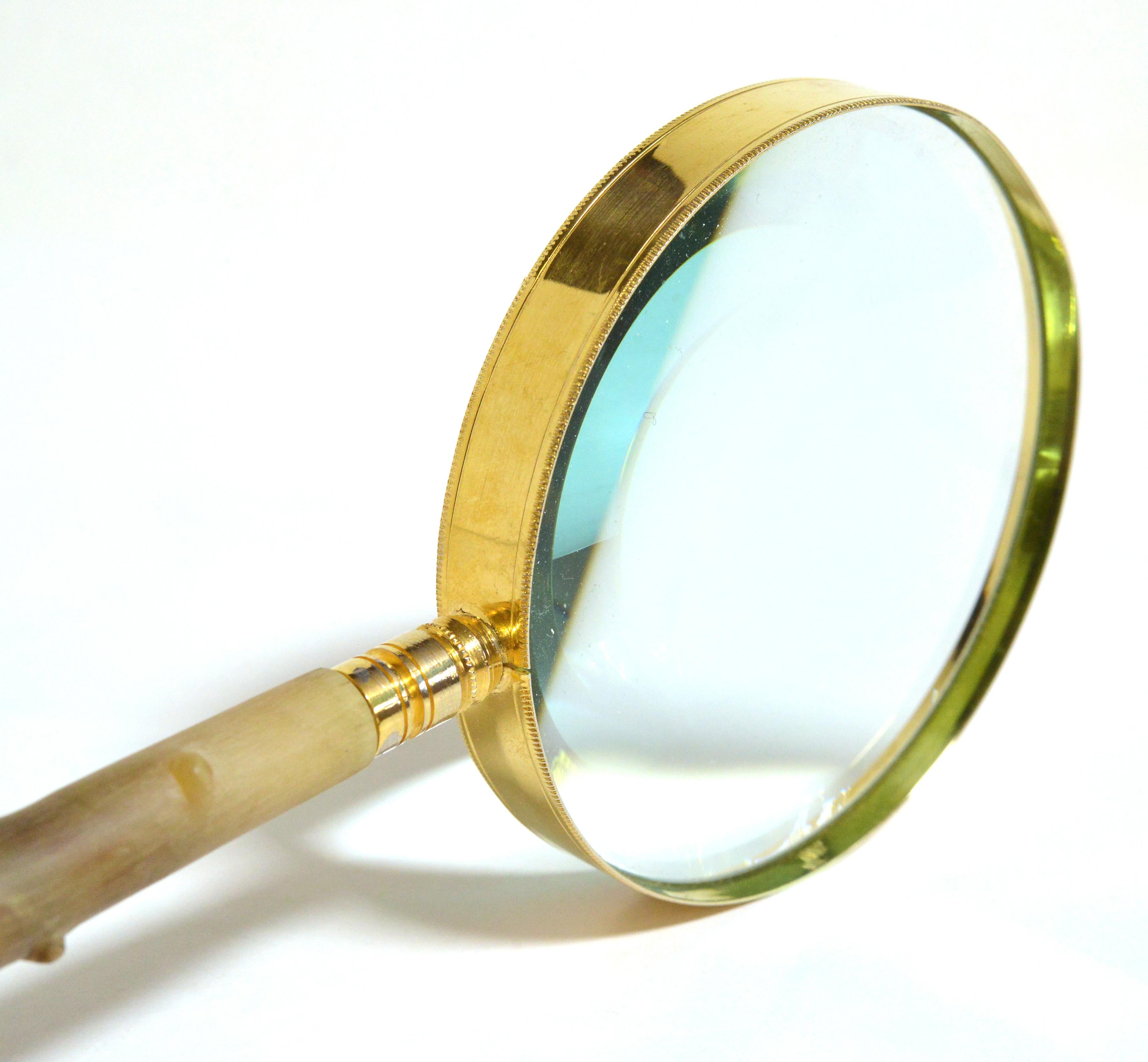 Rococo Magnifying Glass Antique Horn Handle Gold Plated Embossed Brass 19th century