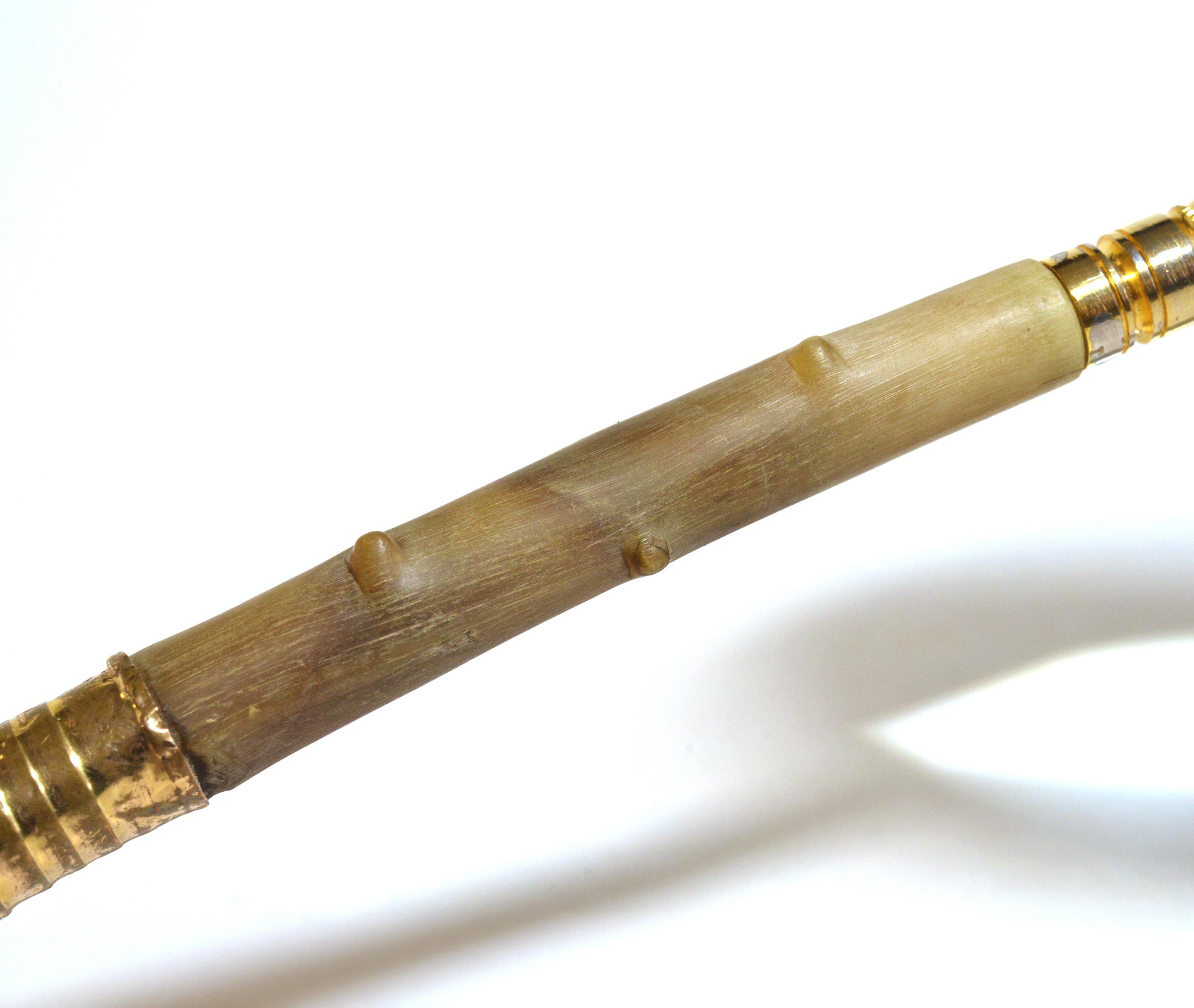European Magnifying Glass Antique Horn Handle Gold Plated Embossed Brass 19th century